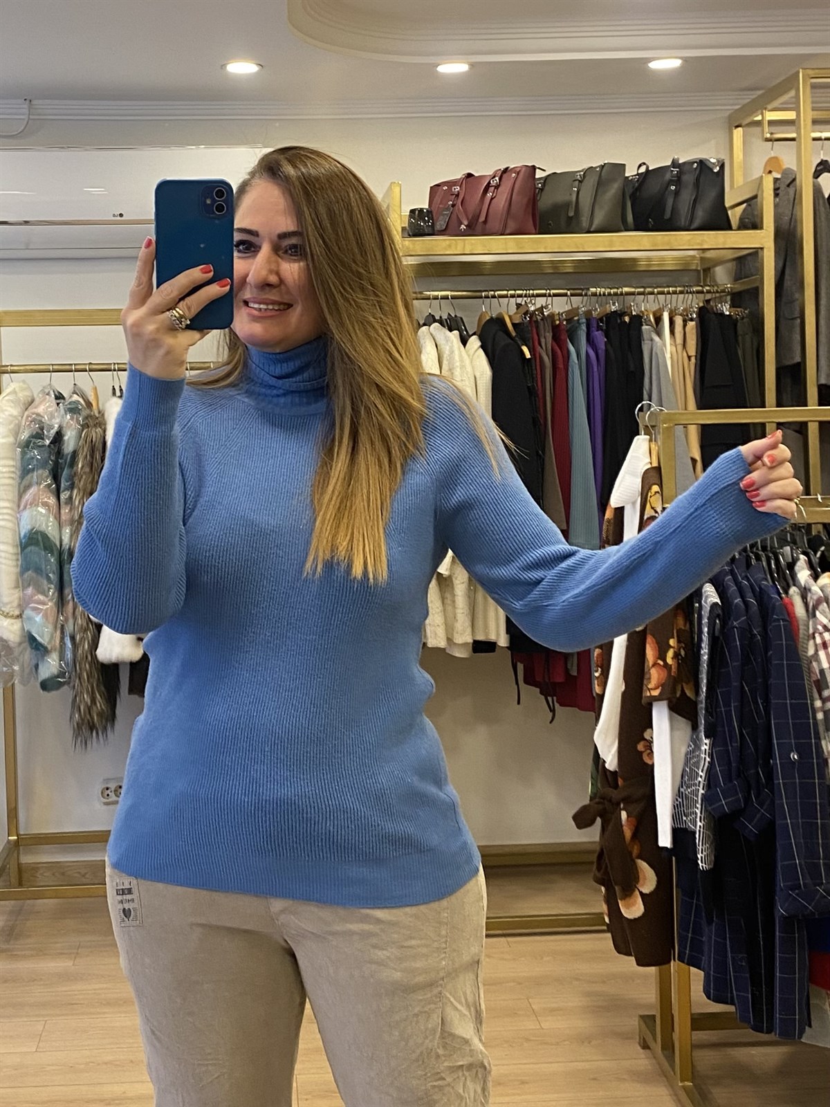 Balıkçı Yaka Reglan Kol Kazak Mavi