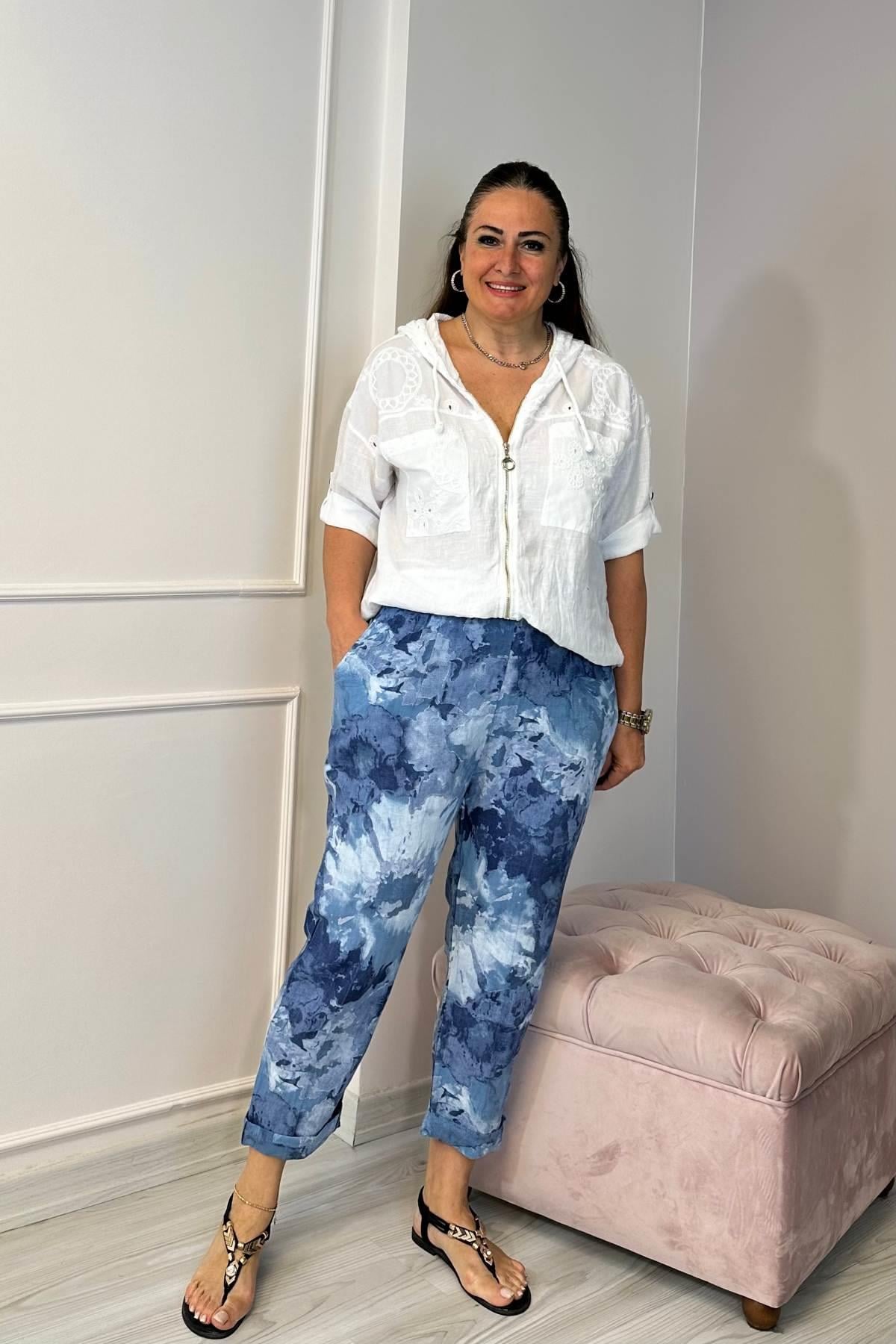 Batik Desenli İthal Keten Pantolon Mavi