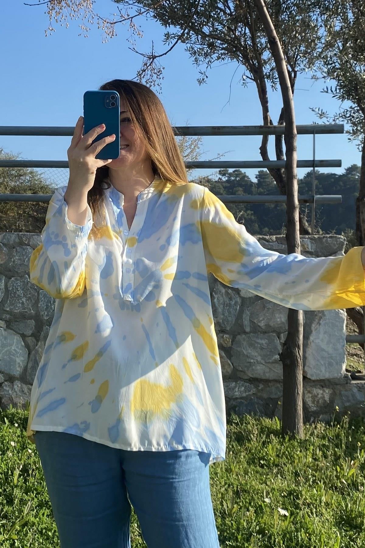 Batik Desenli Yarım Düğmeli Gömlek Sarı