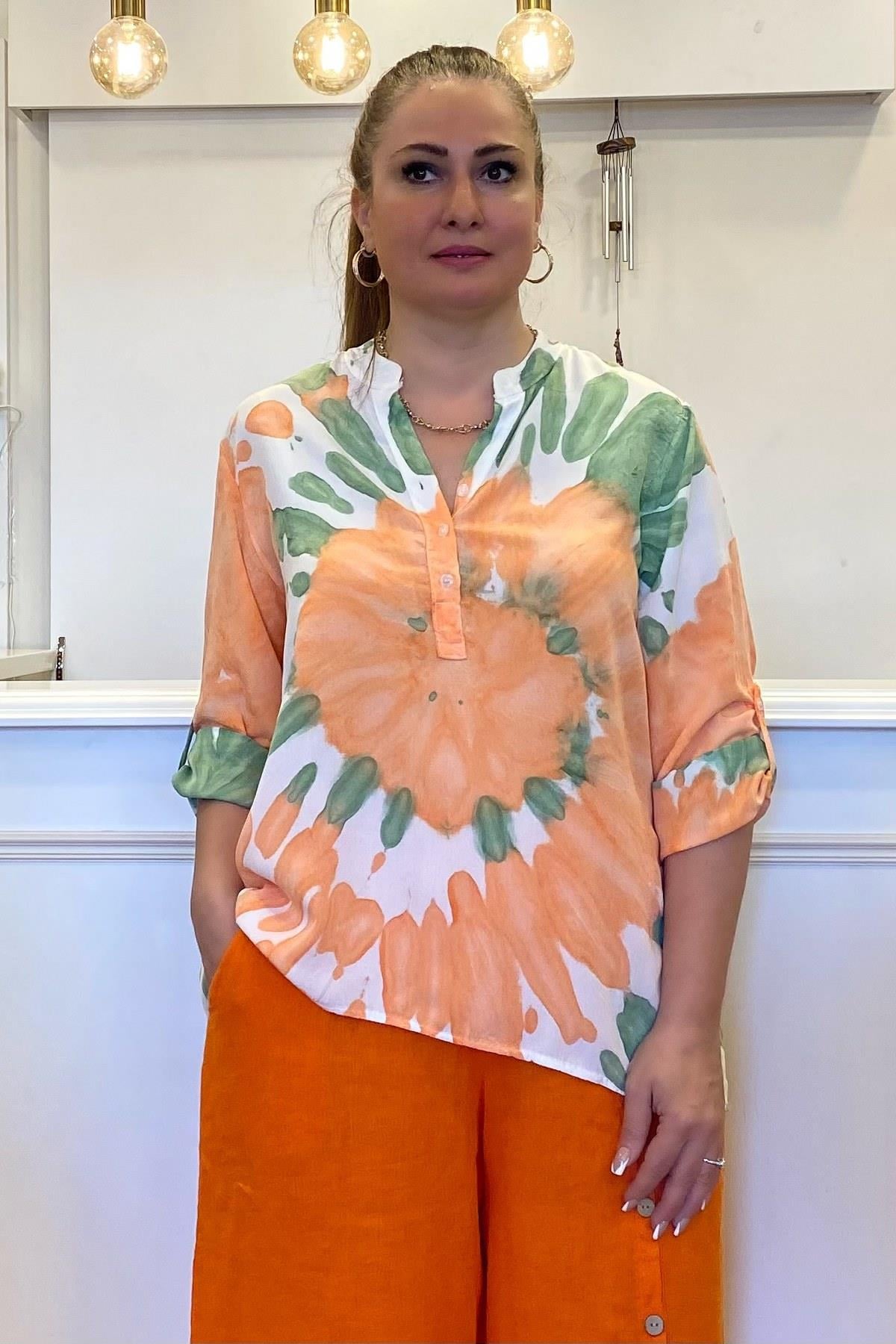 Batik Desenli Yarım Düğmeli Gömlek Turuncu