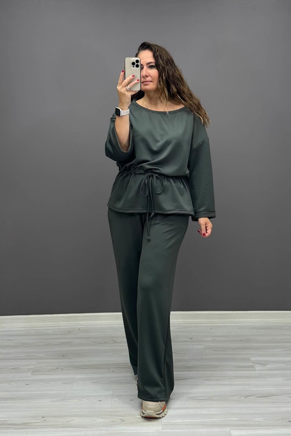 Bel Büzgü Detaylı Takım Haki Yeşil