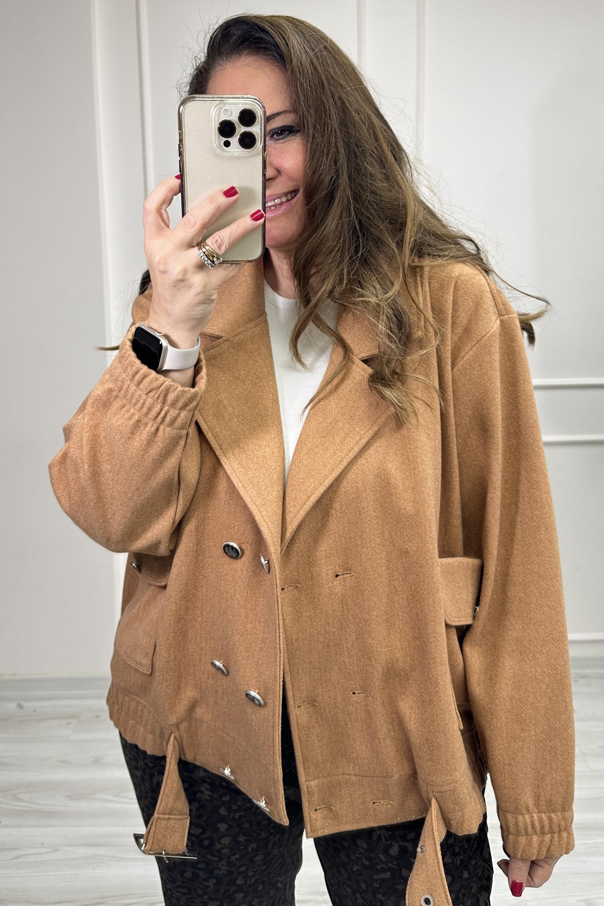 Bel Kemer Detaylı Cepli Mont Sütlü Kahve