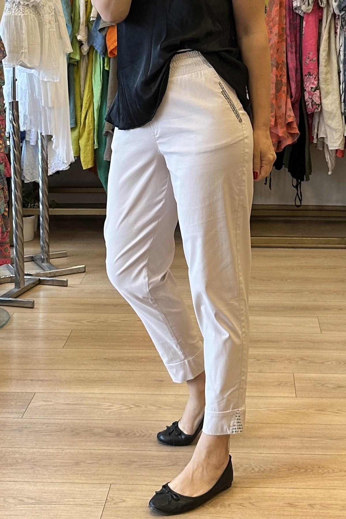 Bel Lastikli Paça Ve Cep Yazı Detaylı Pantolon Bej