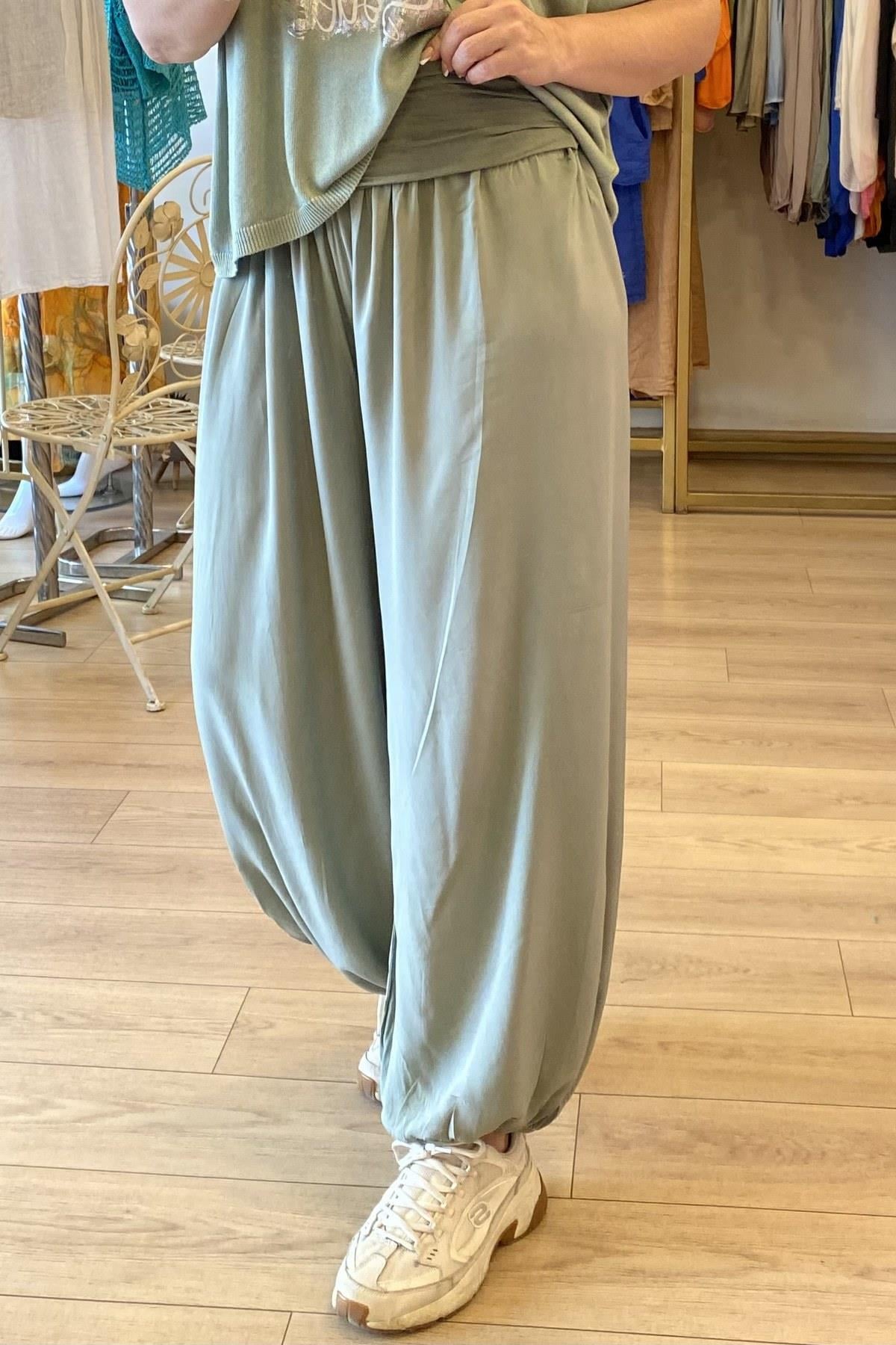 Beli Kalın Lastikli Şalvar Pantolon Yeşil