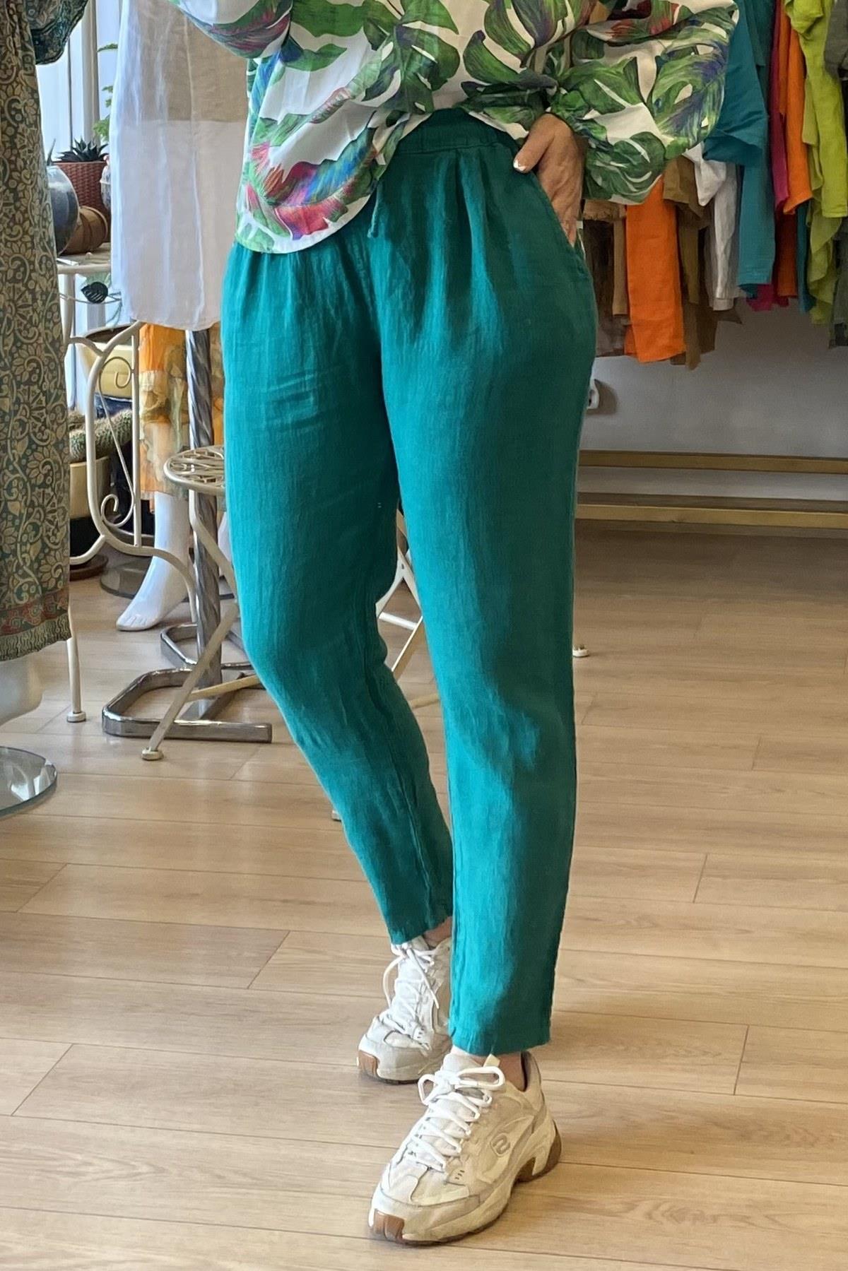 Beli Lastikli Havuç Kesim Keten Pantolon Yeşil