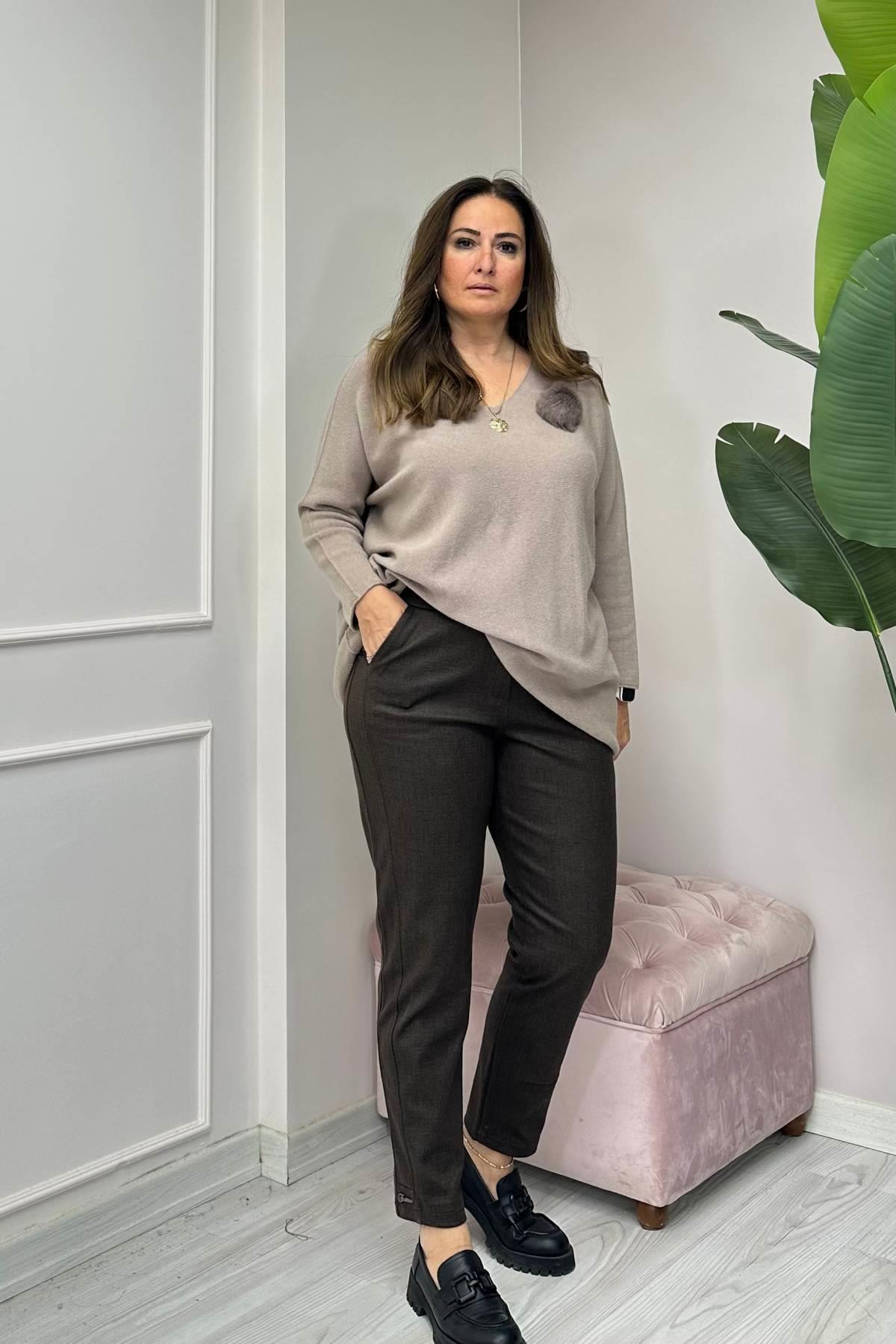 Beli Lastikli Kaşmir Pantalon-Kahverengi