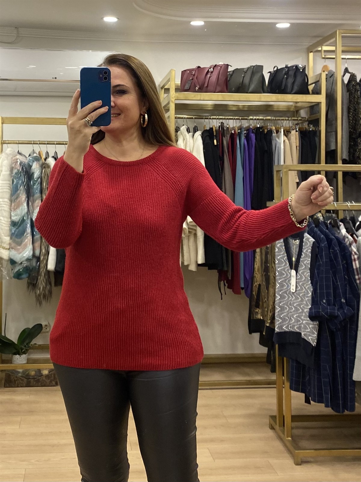 Bisiklet Yaka Reglan Kol Kazak Kırmızı