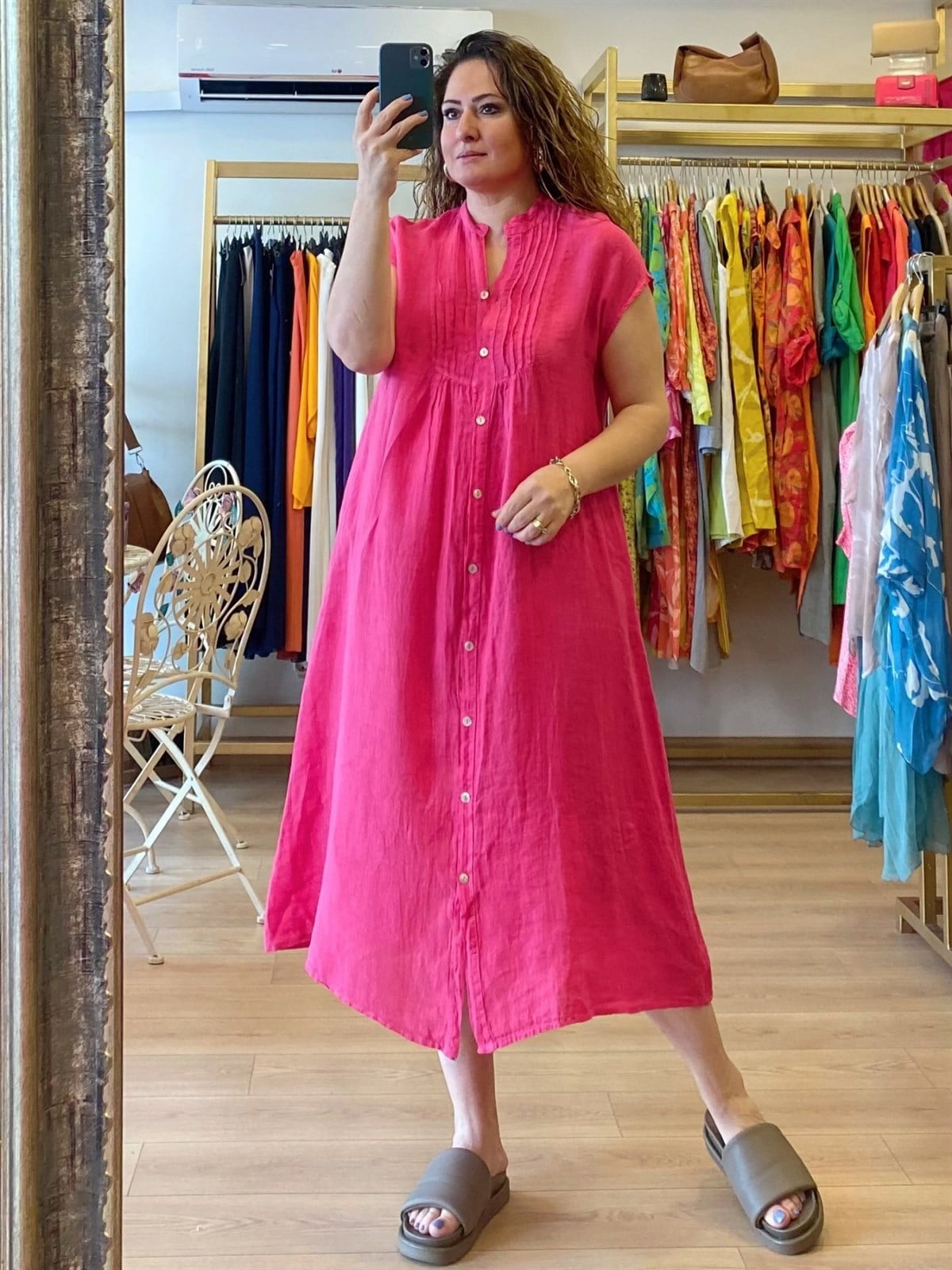 Biye Dikişli Düşük Kol Keten Elbise Pembe