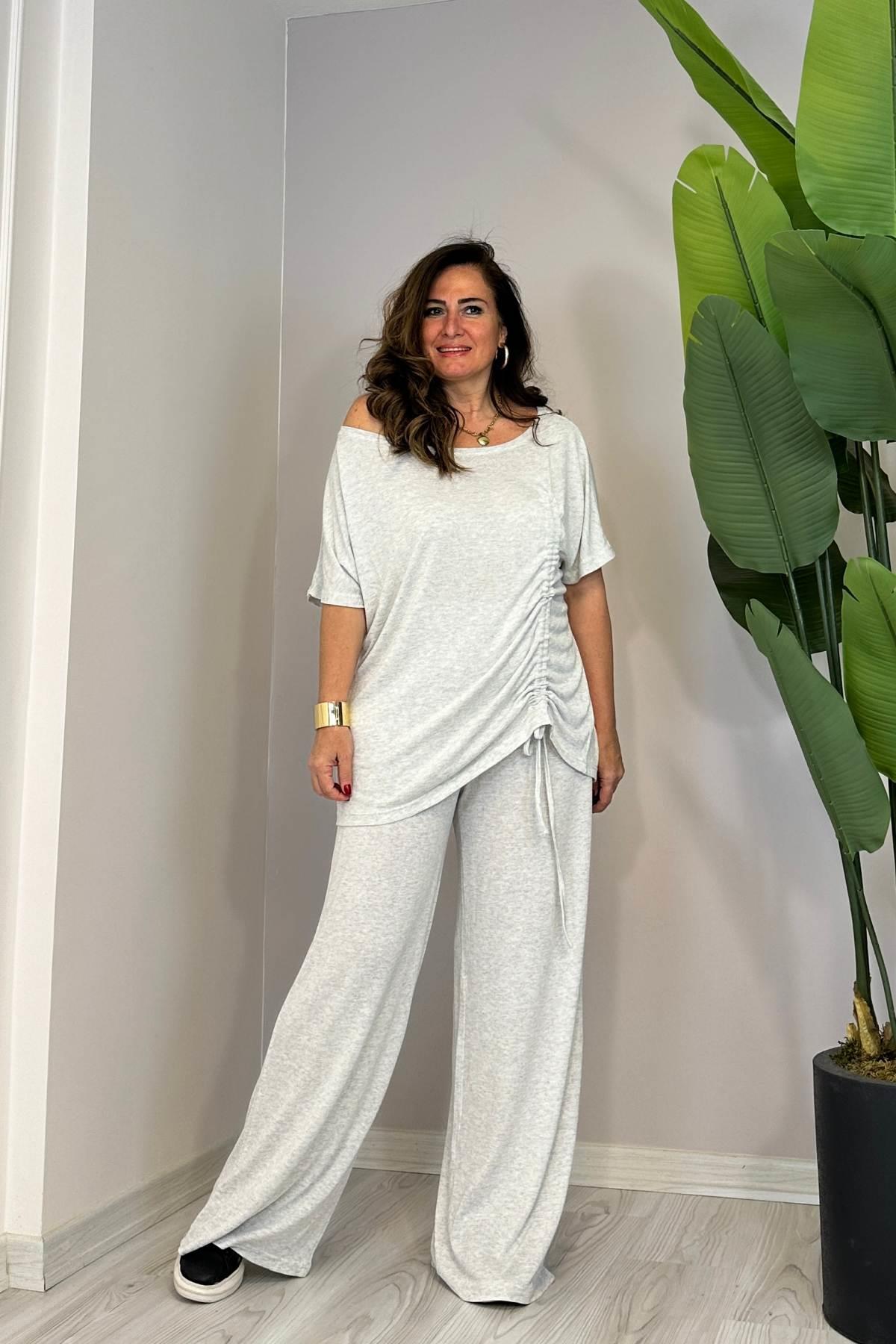 Bluz Büzgü Detaylı Bol Kesim Pantolonlu Takım Gri