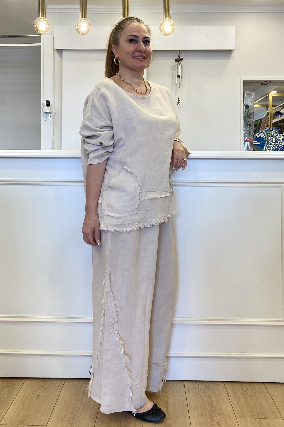 Bluz Ve Pantolon Dikiş Detaylı Keten Takım Taş Rengi