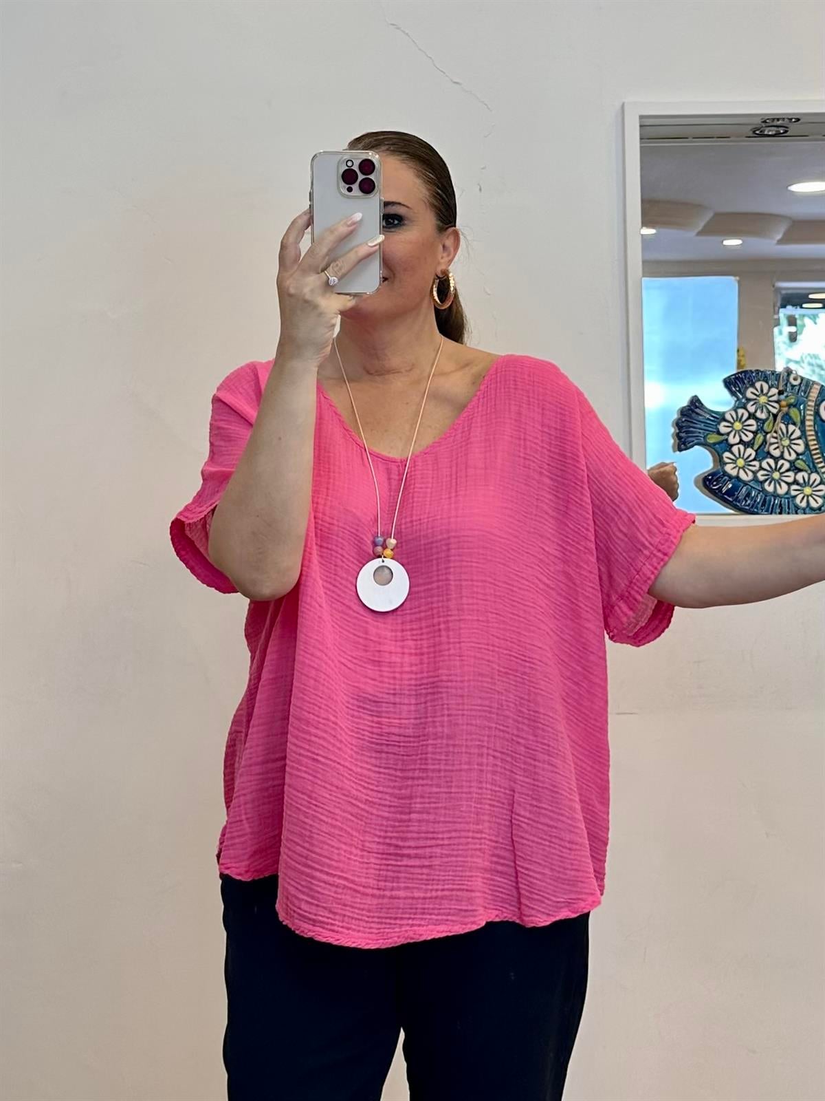Bol Kesim Müslin Kumaş Düşük Kol Bluz  Pembe