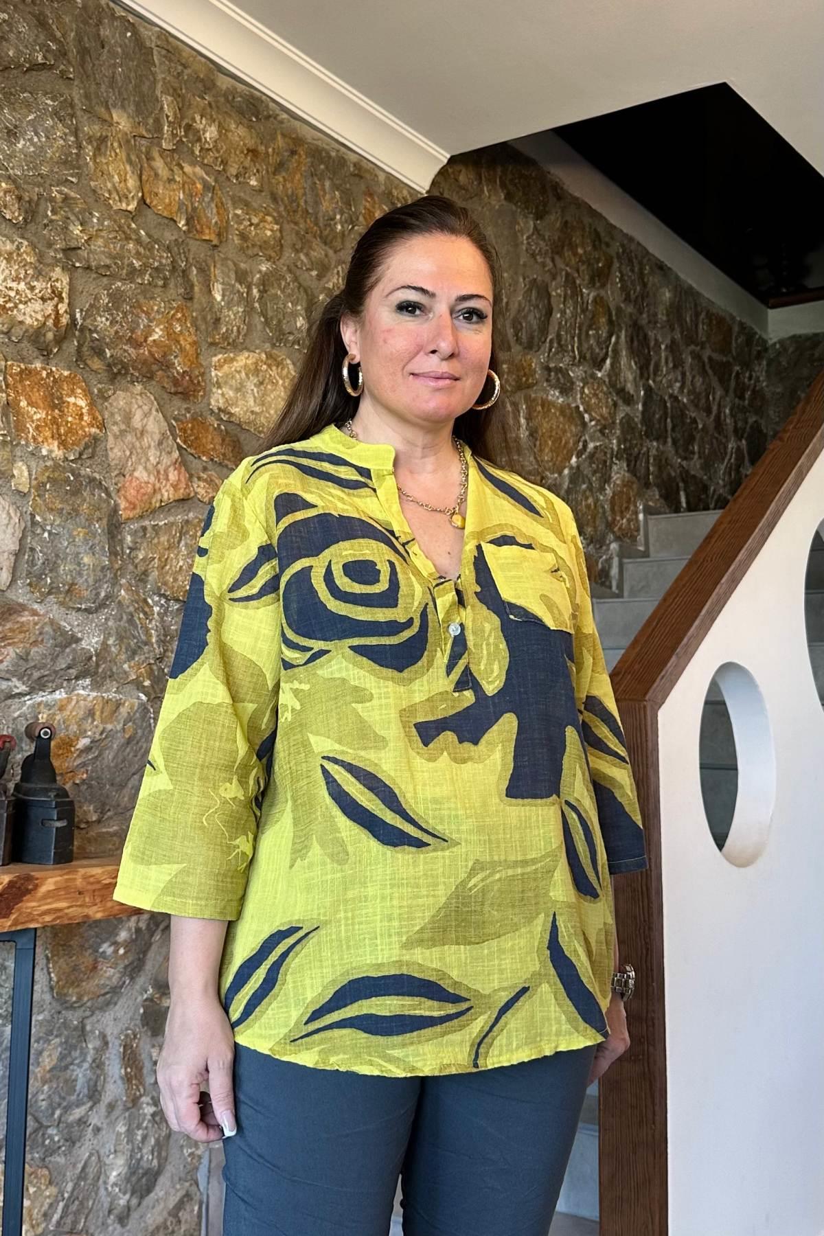 Büyük Çiçek Desenli Pamuklu Gömlek Sarı