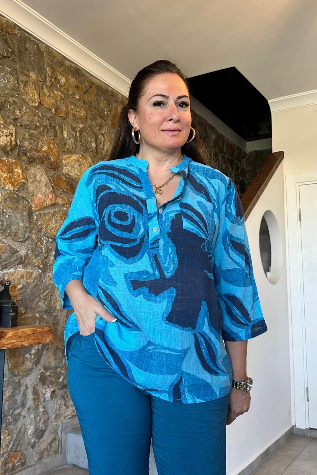 Büyük Çiçek Desenli Pamuklu Gömlek Turkuaz