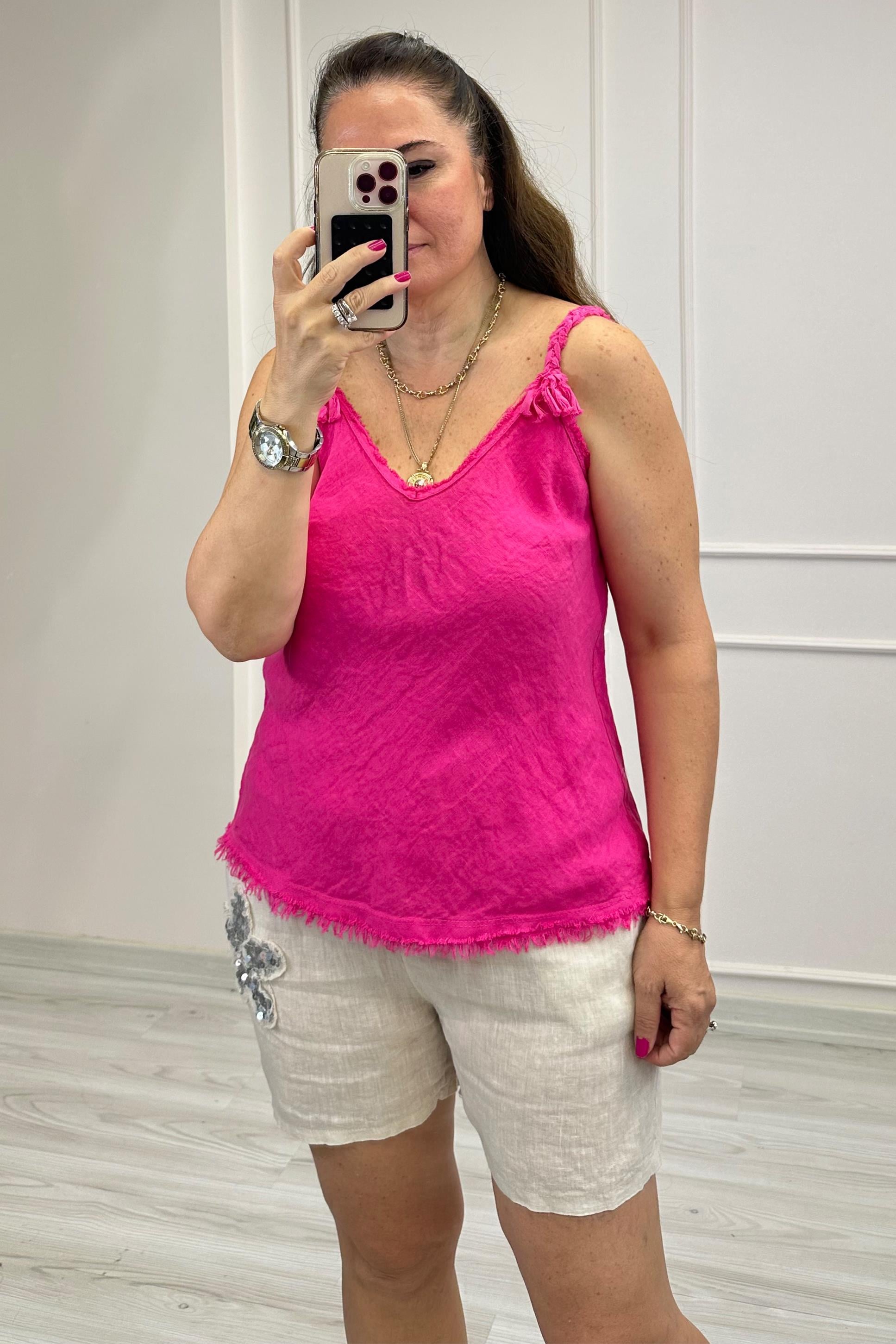 Livina Örgü Askılı Keten Bluz Pembe
