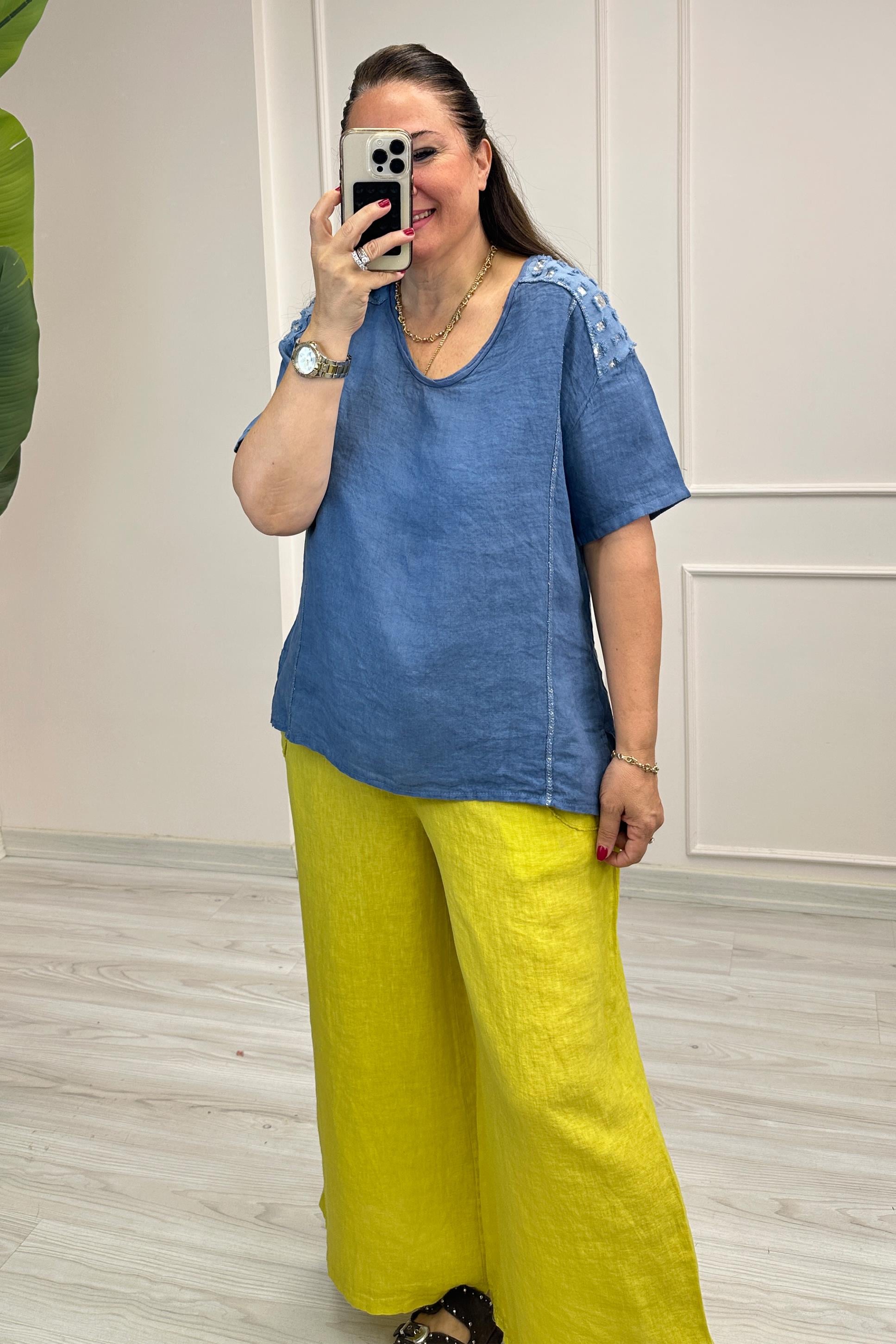 Miranda Omuz Pul Detaylı Keten Bluz Mavi