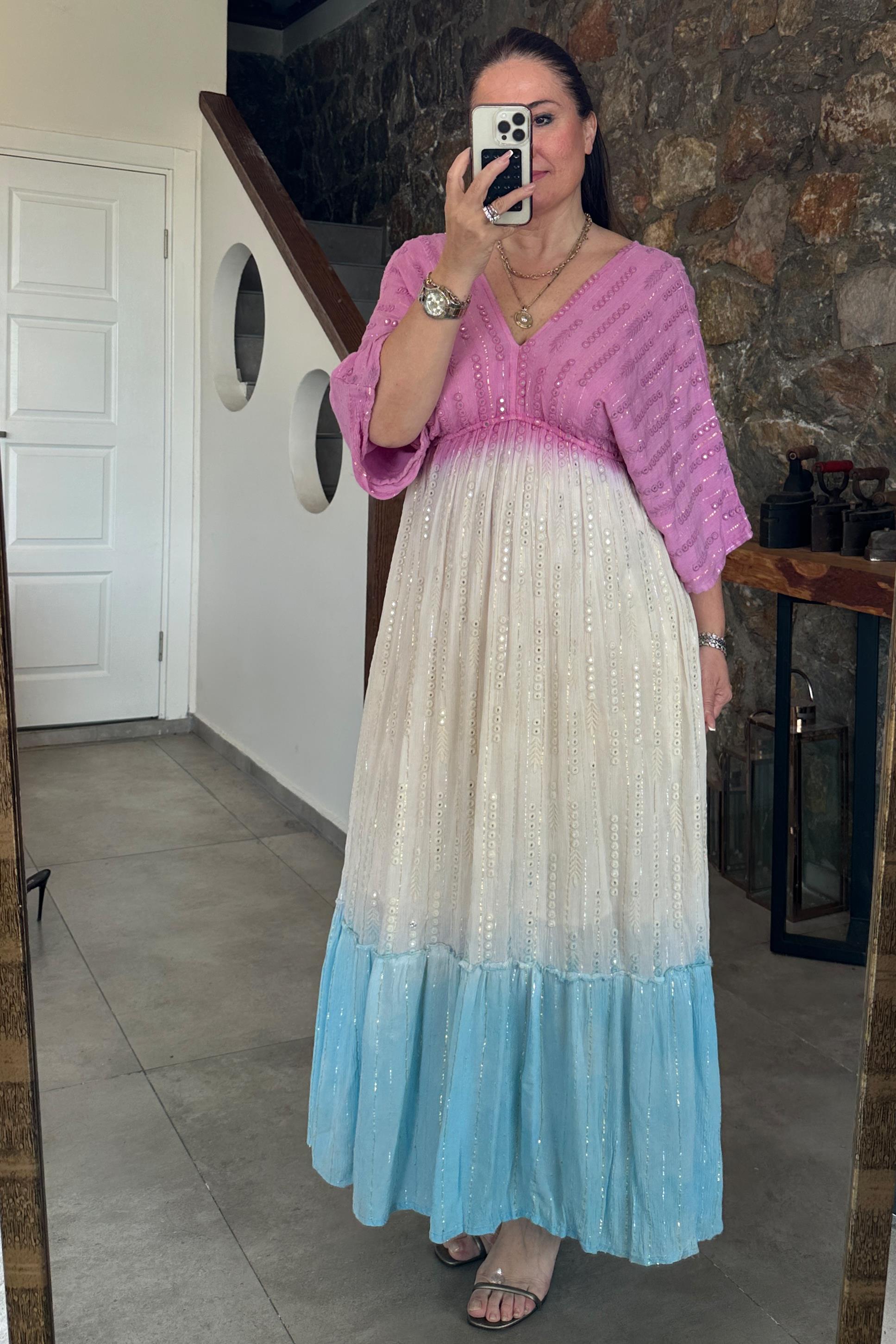 Esmeralda Aynalı Renkli Elbise Pembe