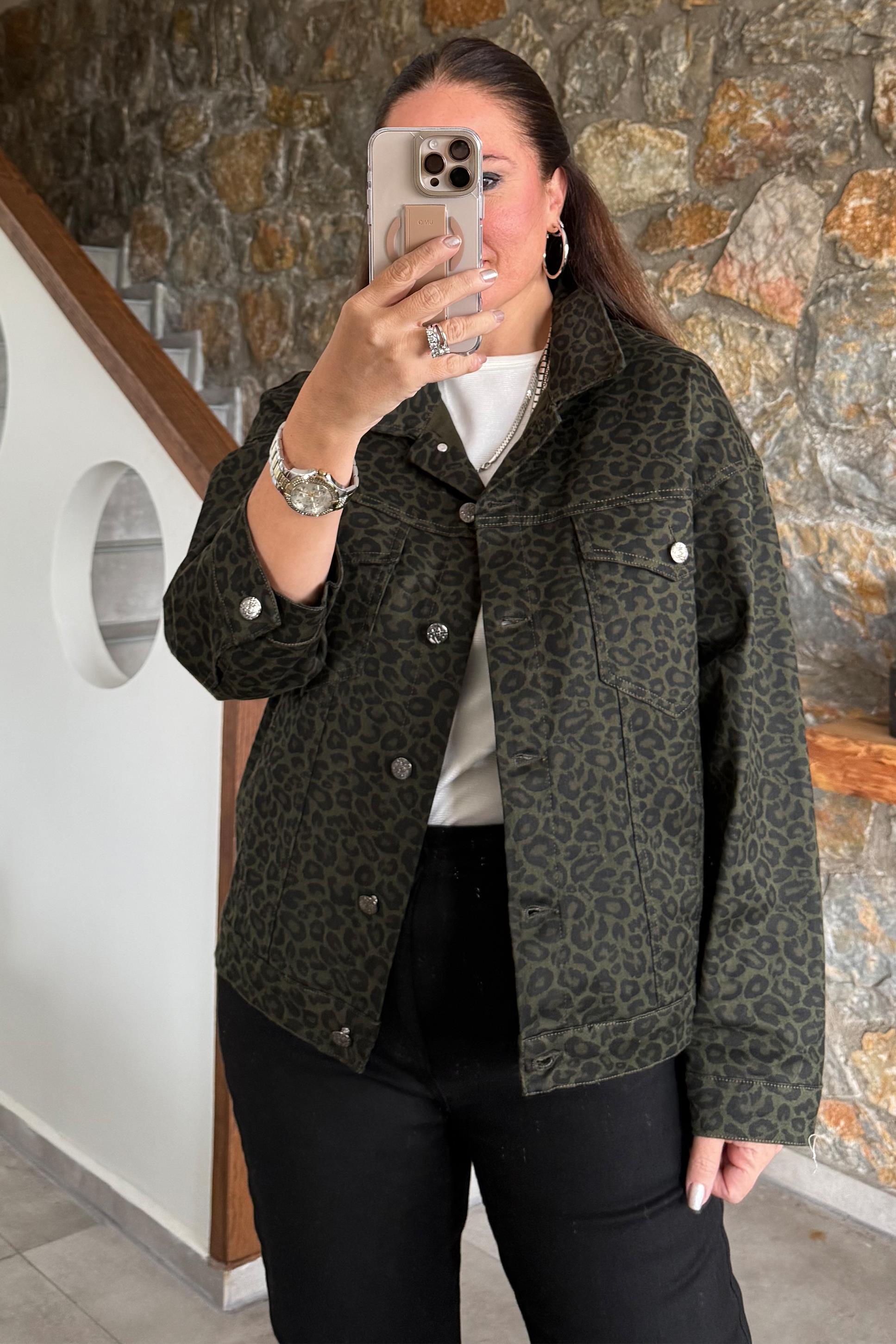 Leopar Desen Kot Ceket Yeşil