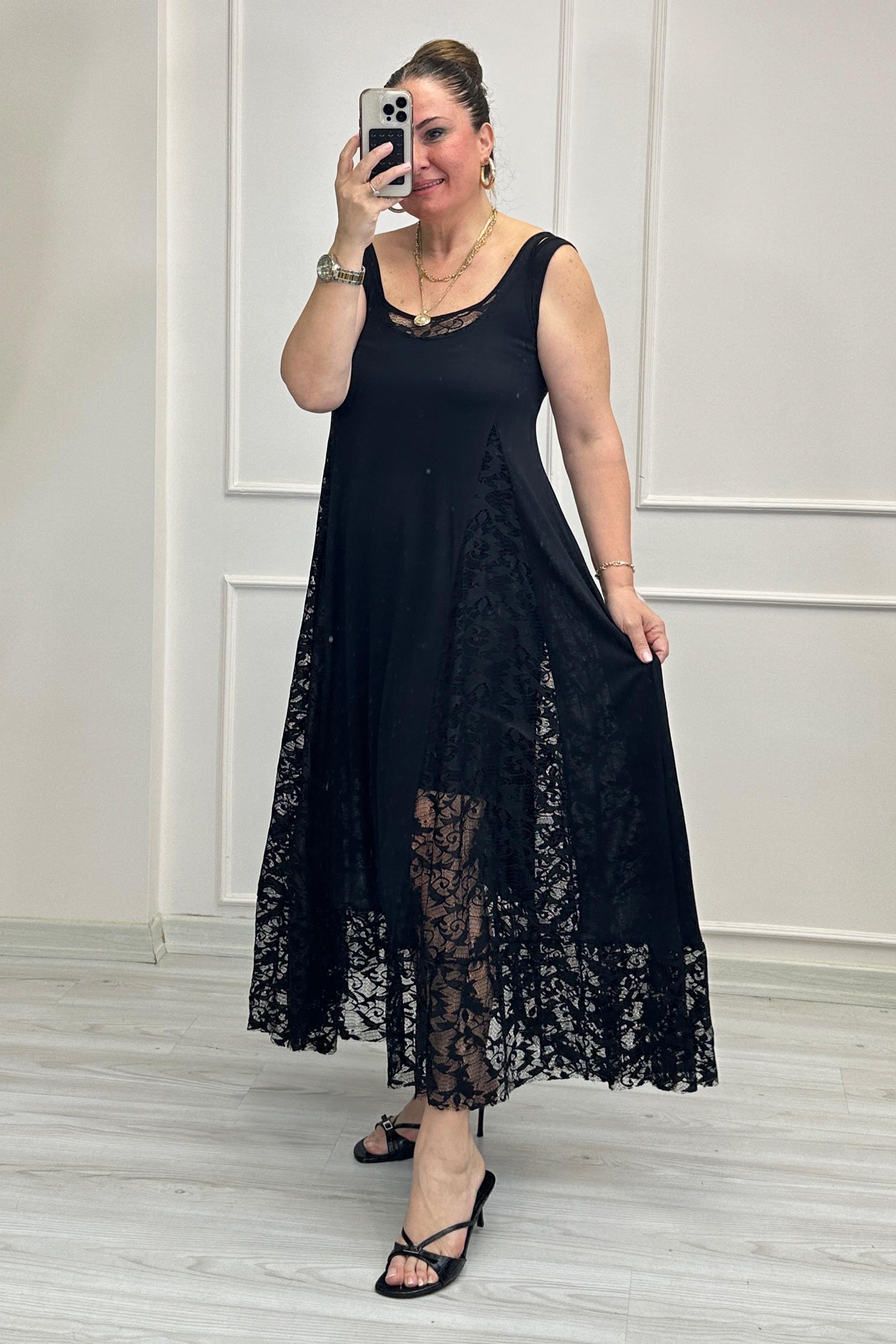 Sabrina Astarlı Dantelli Elbise Siyah
