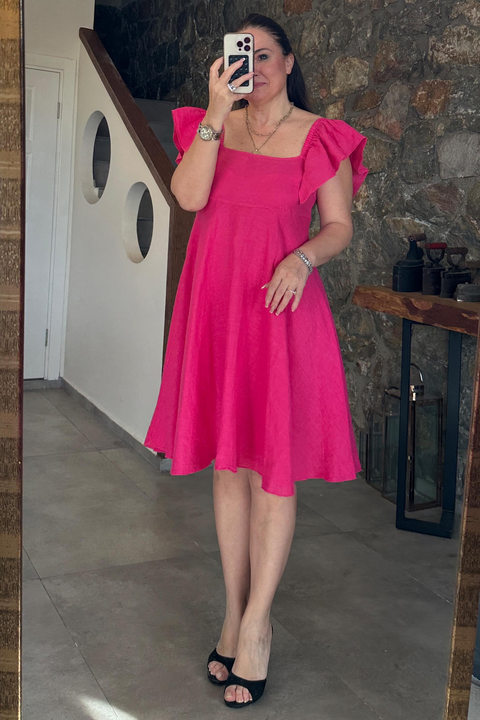 Fırfır Kol Elbise Pembe