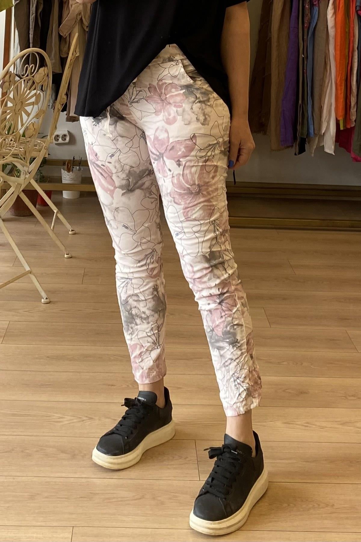 Çiçek Desenli Full Likralı Yüksek Bel Pantolon Pudra Pembe