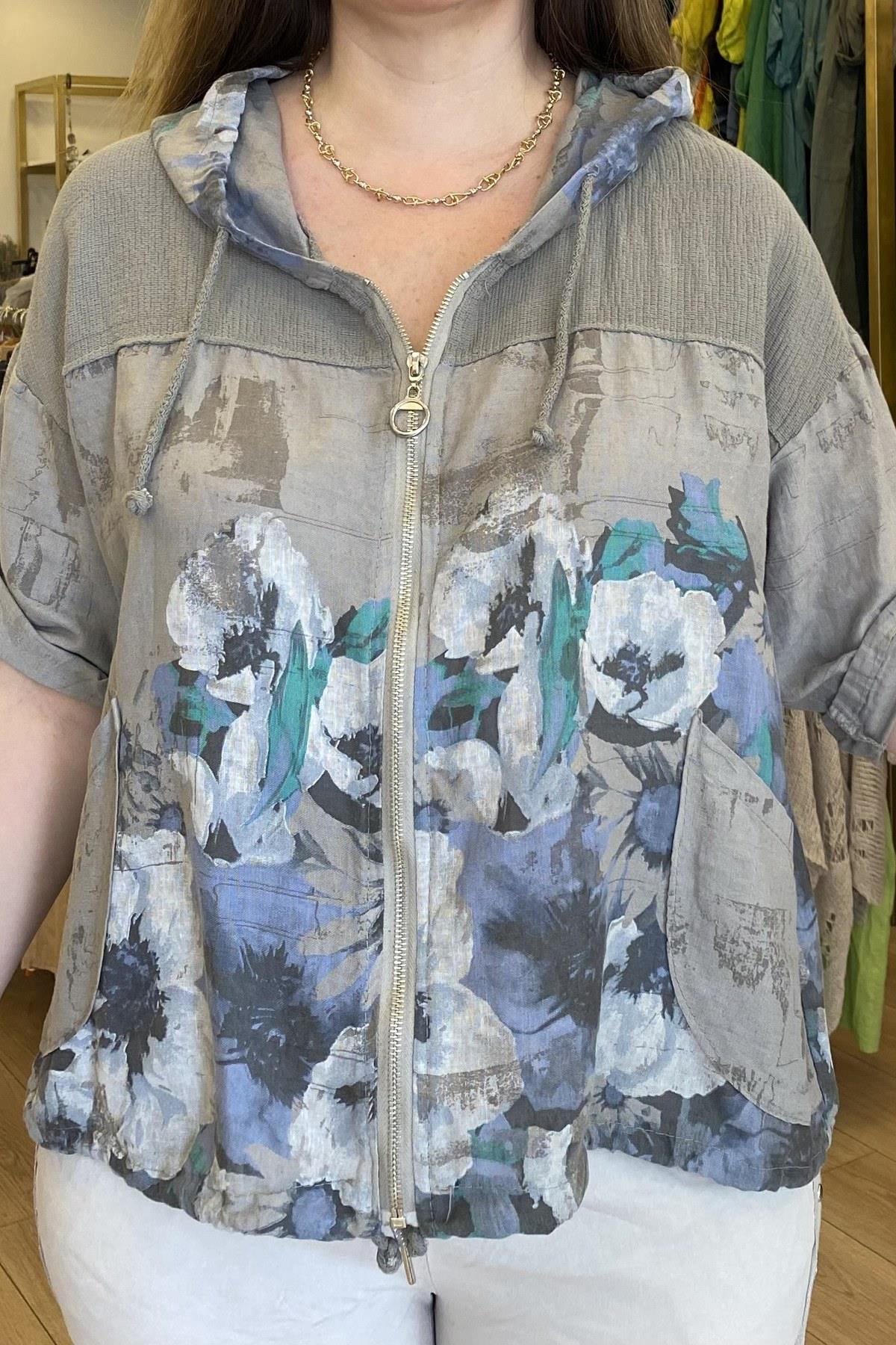 Çiçek Desenli Kapüşonlu Keten Ceket Taş Rengi