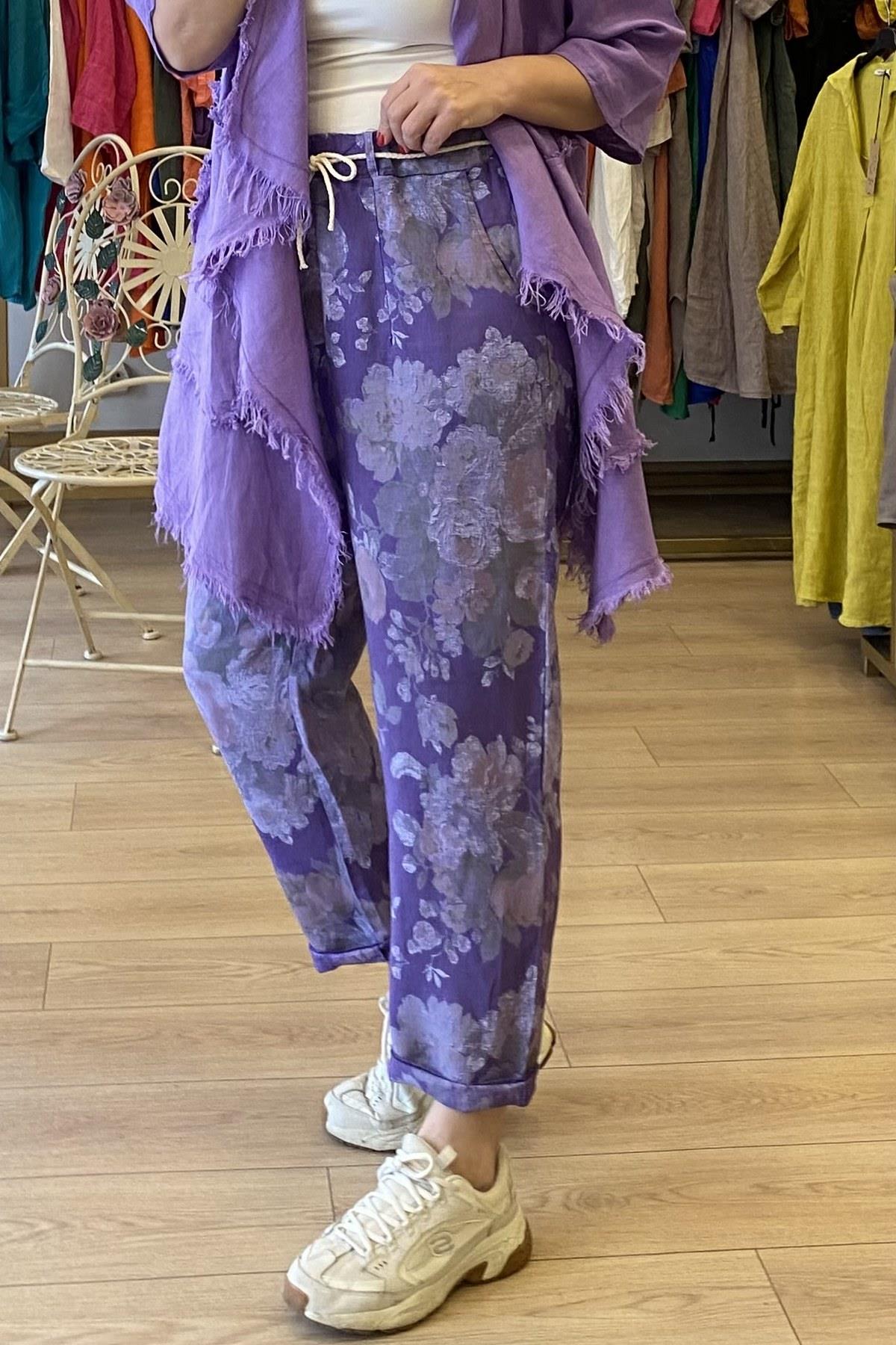 Çiçek Desenli Keten Pantolon Mor