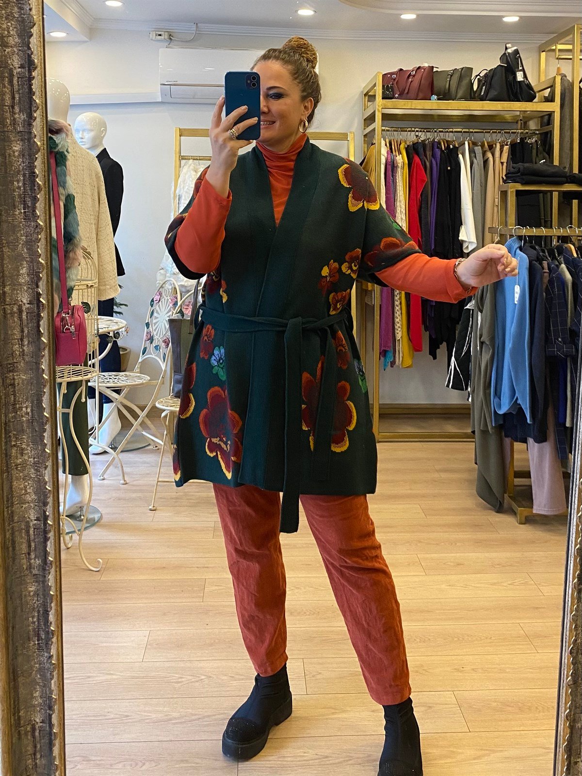 Çiçek Desenli Kimono Ceket Yeşil