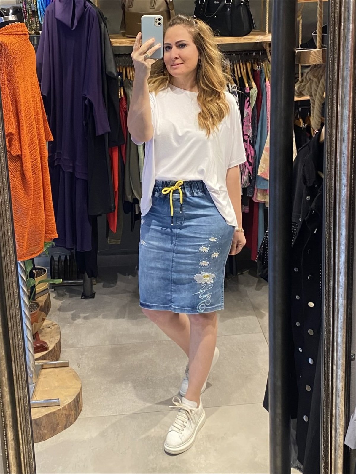 çiçek desenli kot etek