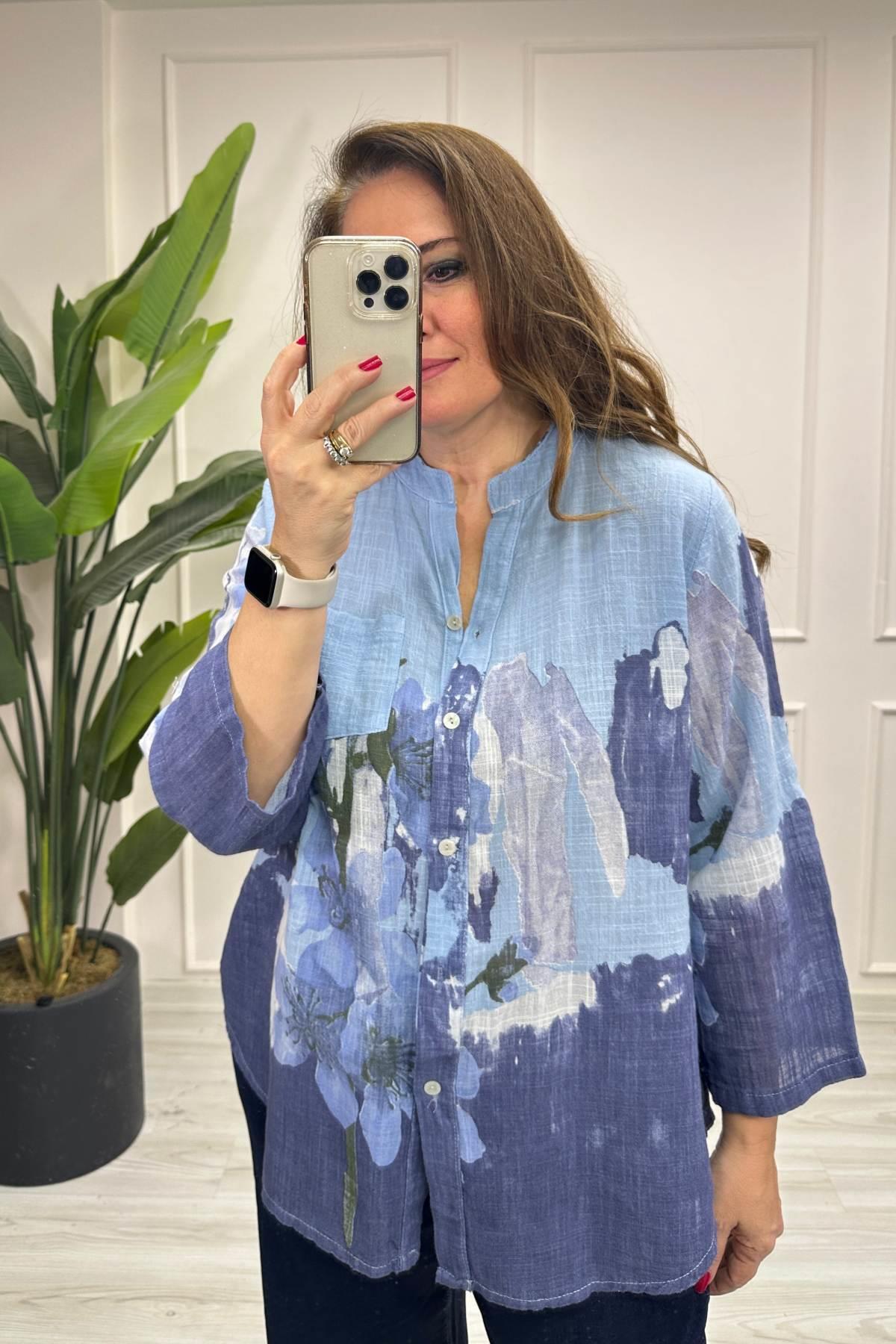 Çiçek Ve Batik Desenli Gömlek Bebek Mavisi