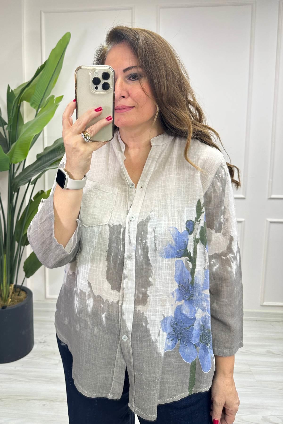 Çiçek Ve Batik Desenli Gömlek Bej