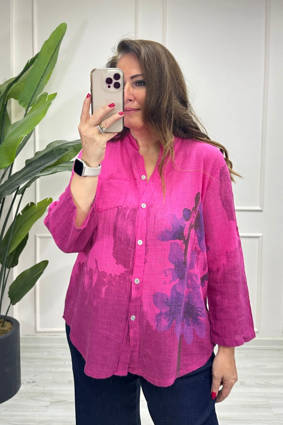 Çiçek Ve Batik Desenli Gömlek Fuşya