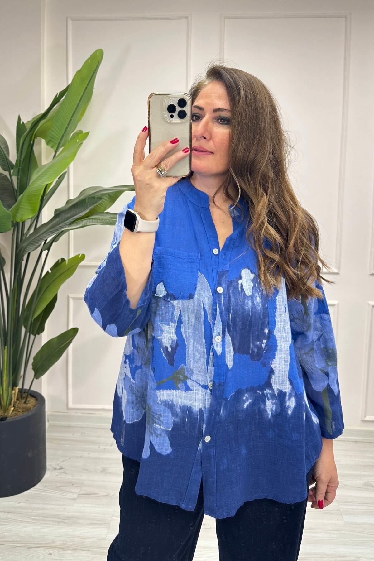 Çiçek Ve Batik Desenli Gömlek Saks Mavi