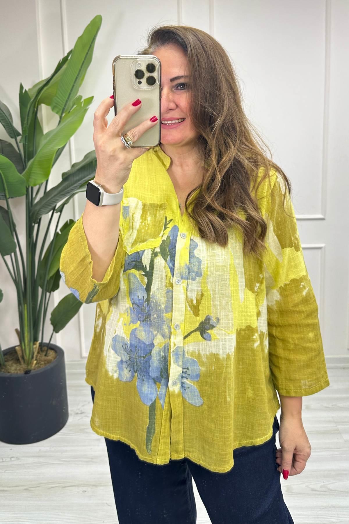 Çiçek Ve Batik Desenli Gömlek Sarı