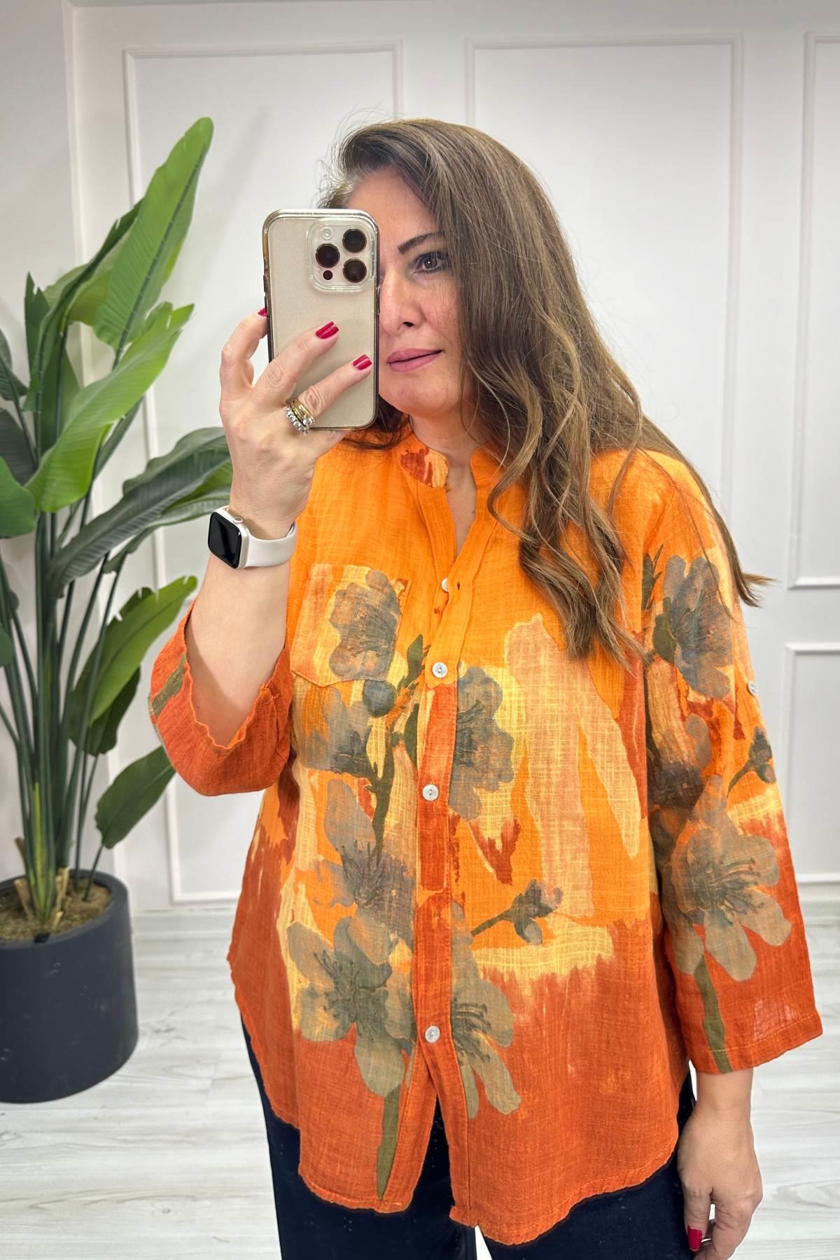 Çiçek Ve Batik Desenli Gömlek Turuncu