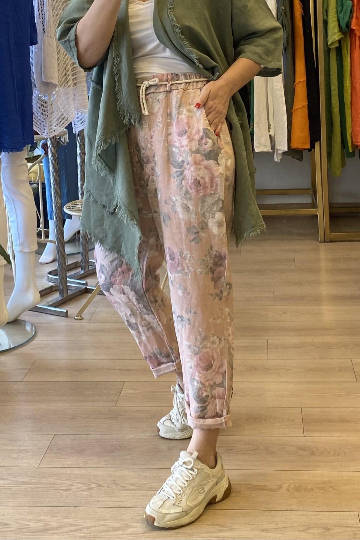 Çiçekli Desenlİ Keten Pantolon Pembe