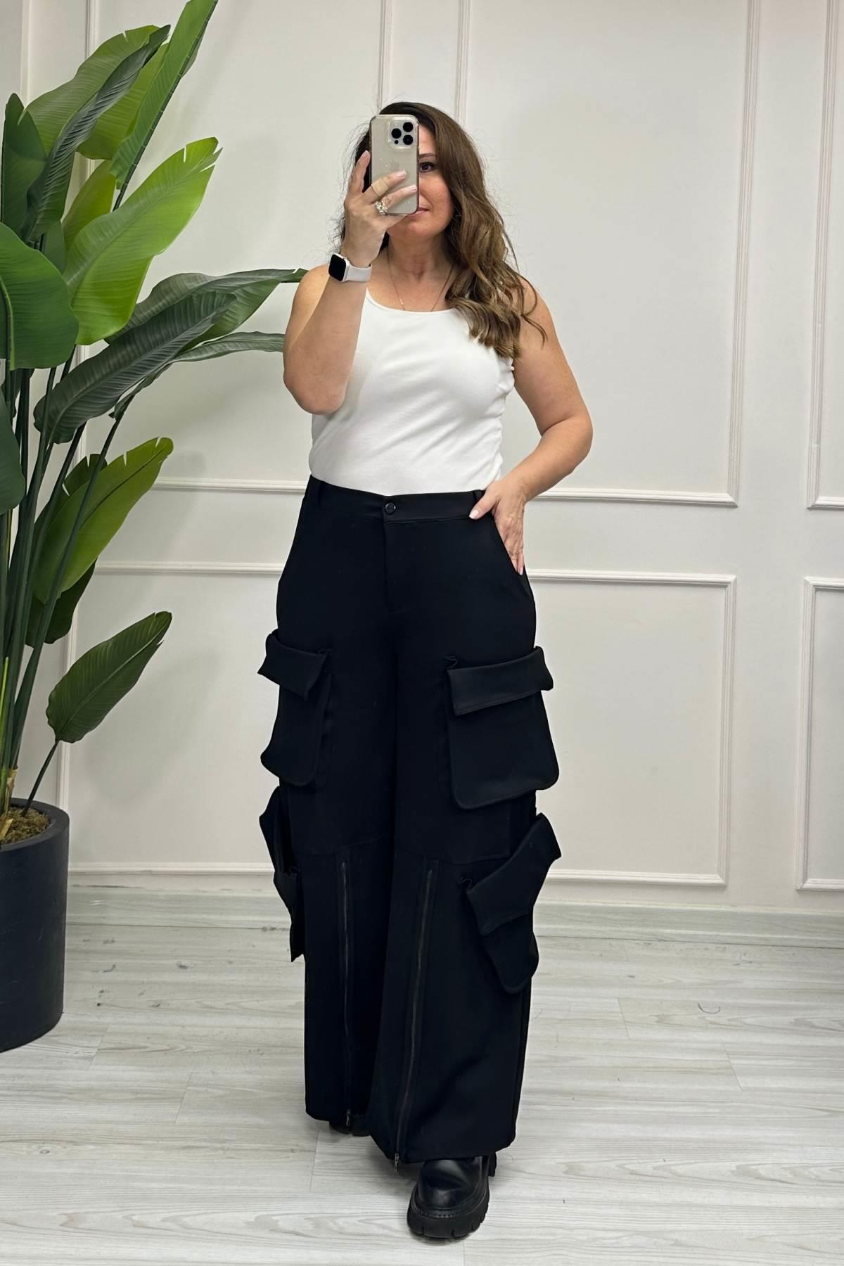 Çift Cepli Karo Pantalon Siyah