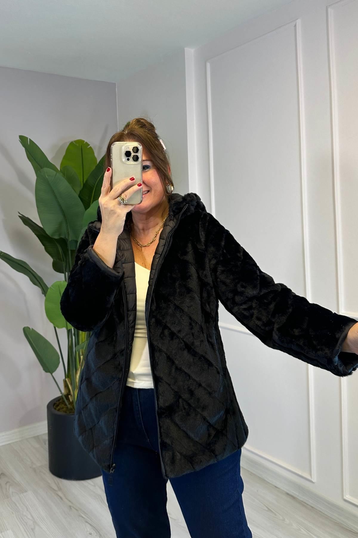 Çift Taraflı Giyilebilir Bir Tarafı Tüylü Şerit Detaylı Mont Kısa Siyah