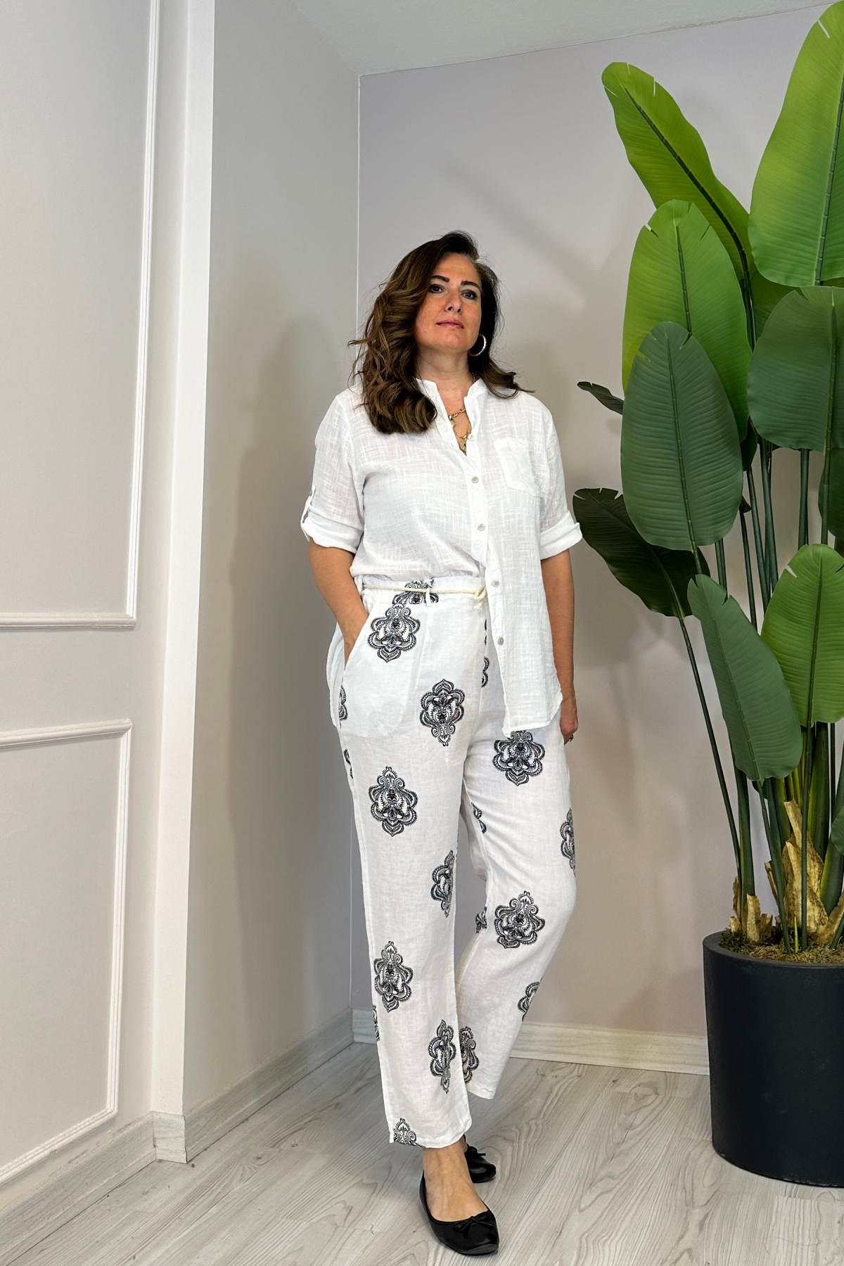 Çini Desenli Beli Lastikli Keten Pantolon Beyaz