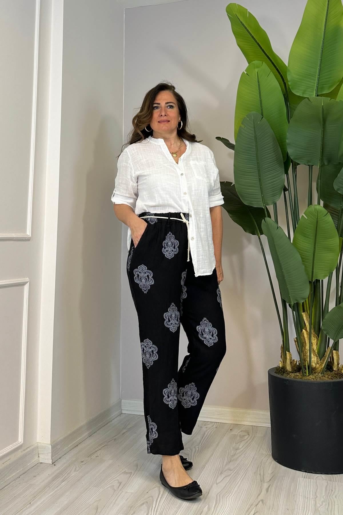 Çini Desenli Beli Lastikli Keten Pantolon Siyah