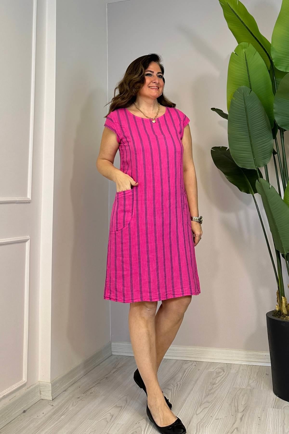 Çizgili Bel Korsajlı Elbise Pembe