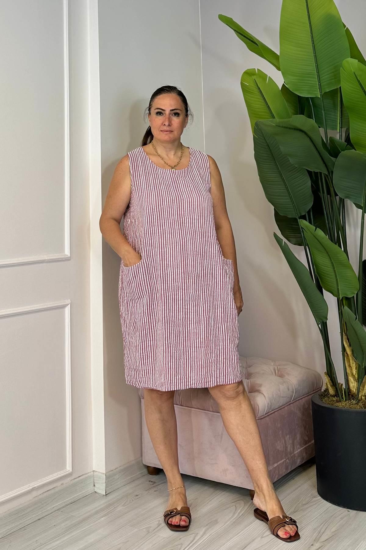 Çizgili Kolsuz Cepli İthal Keten Elbise Pembe