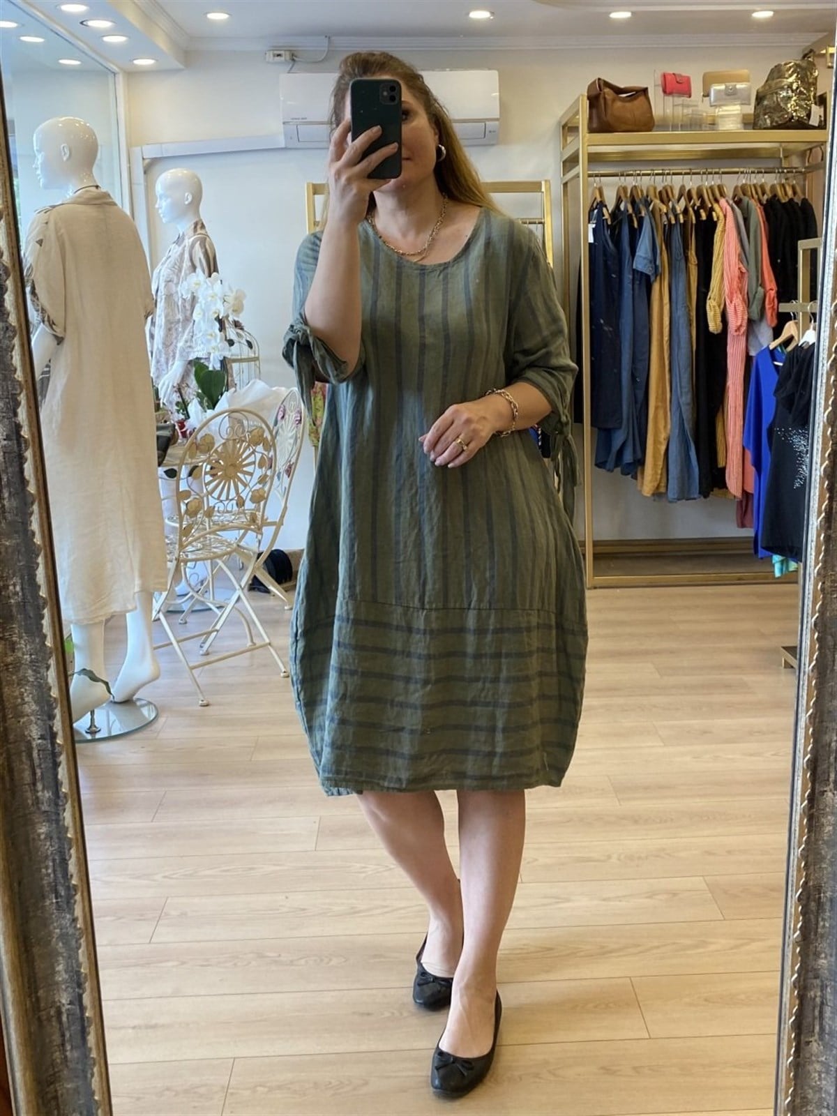 Çizgili oversize keten elbise yeşil