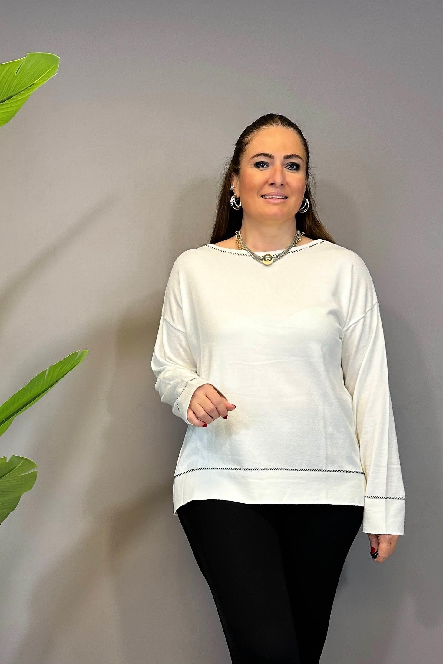 Çoban Dikişli Kayık Yaka Kazak Ekru 
