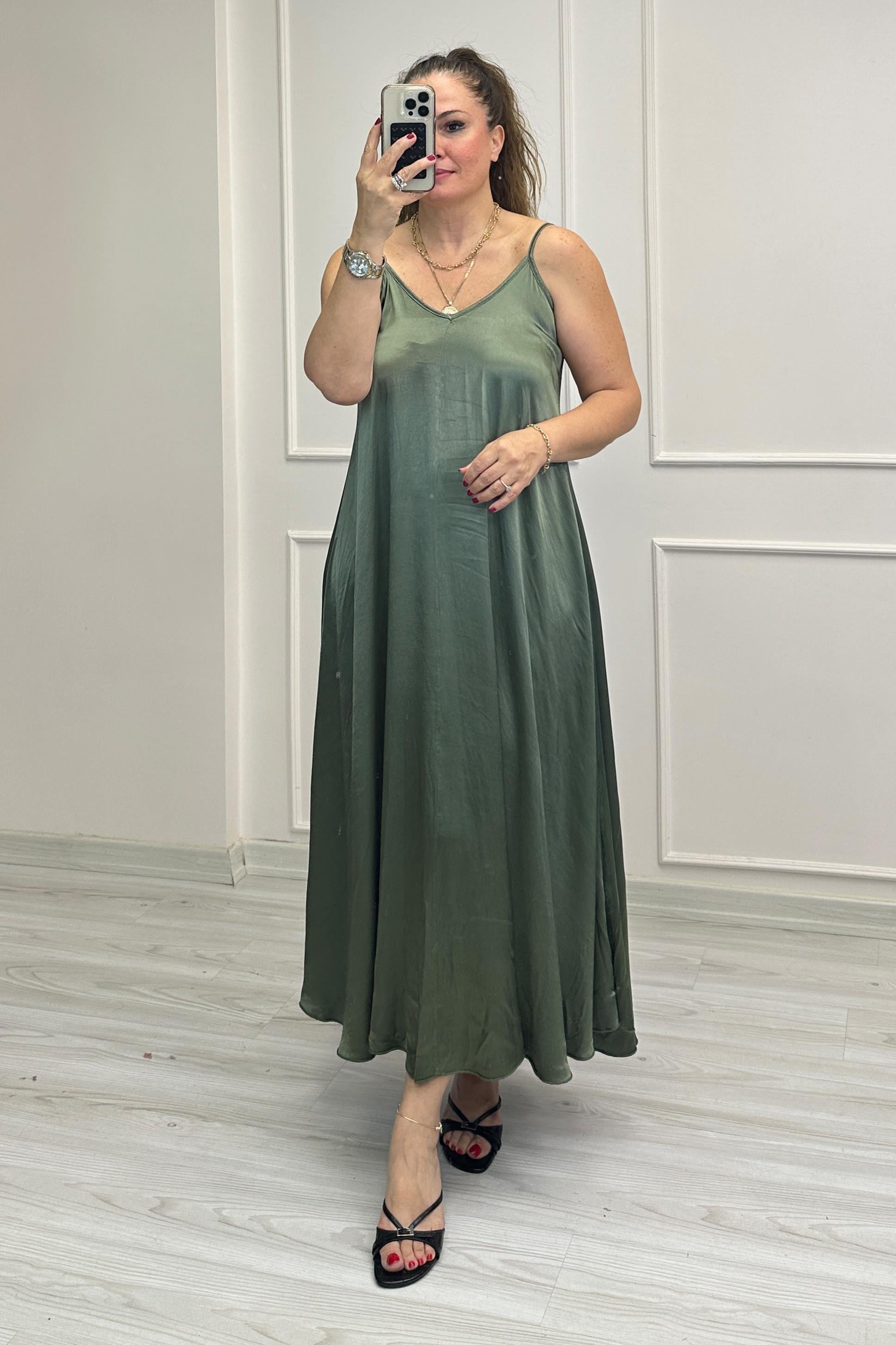 İrina Askılı Saten Elbise Yeşil