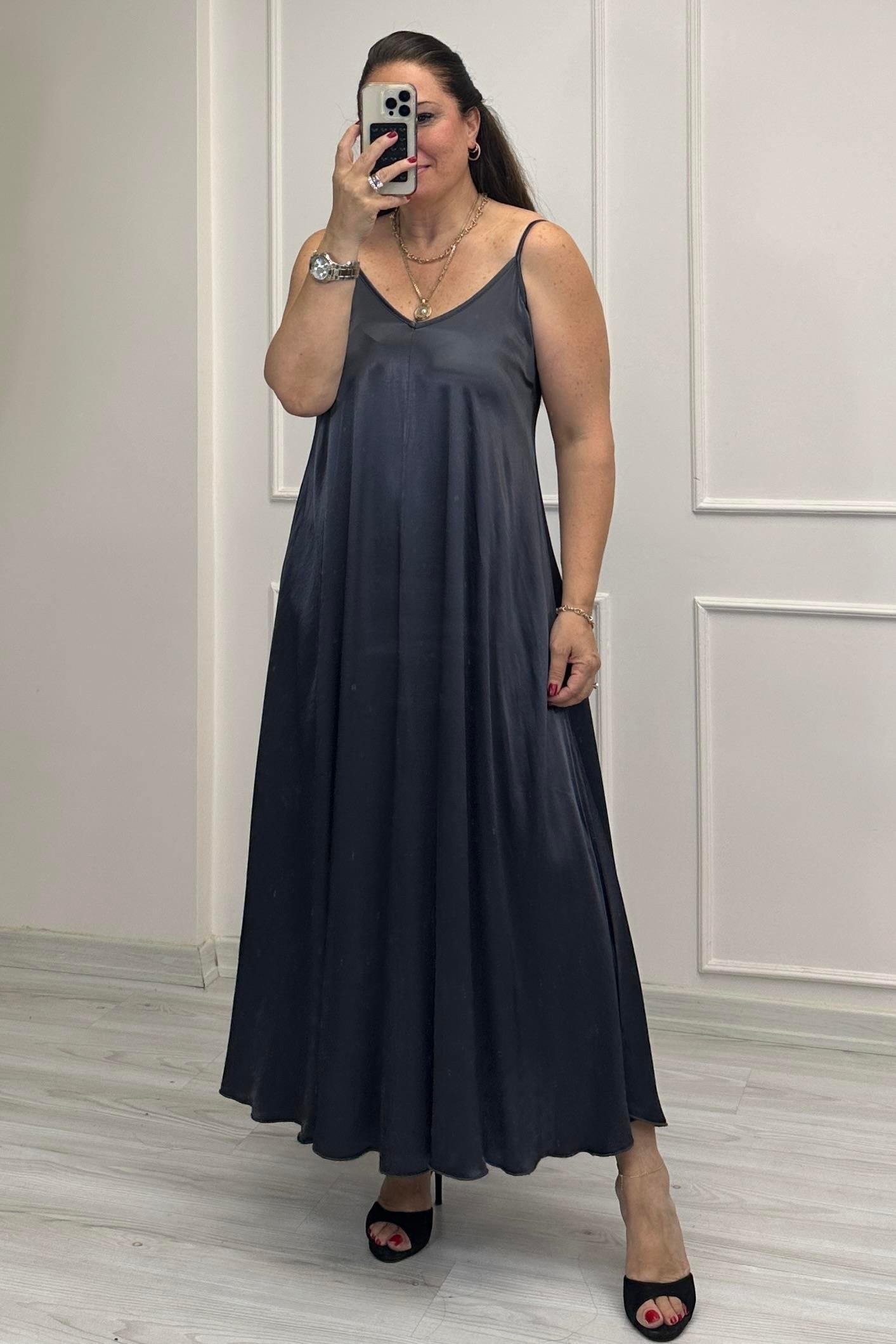 İrina Askılı Saten Elbise Antrasit