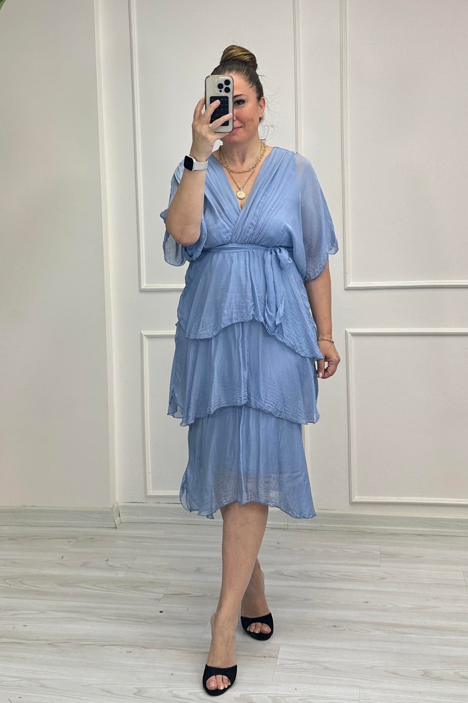 Nadia Kruvaze Yaka İpek Elbise Mavi