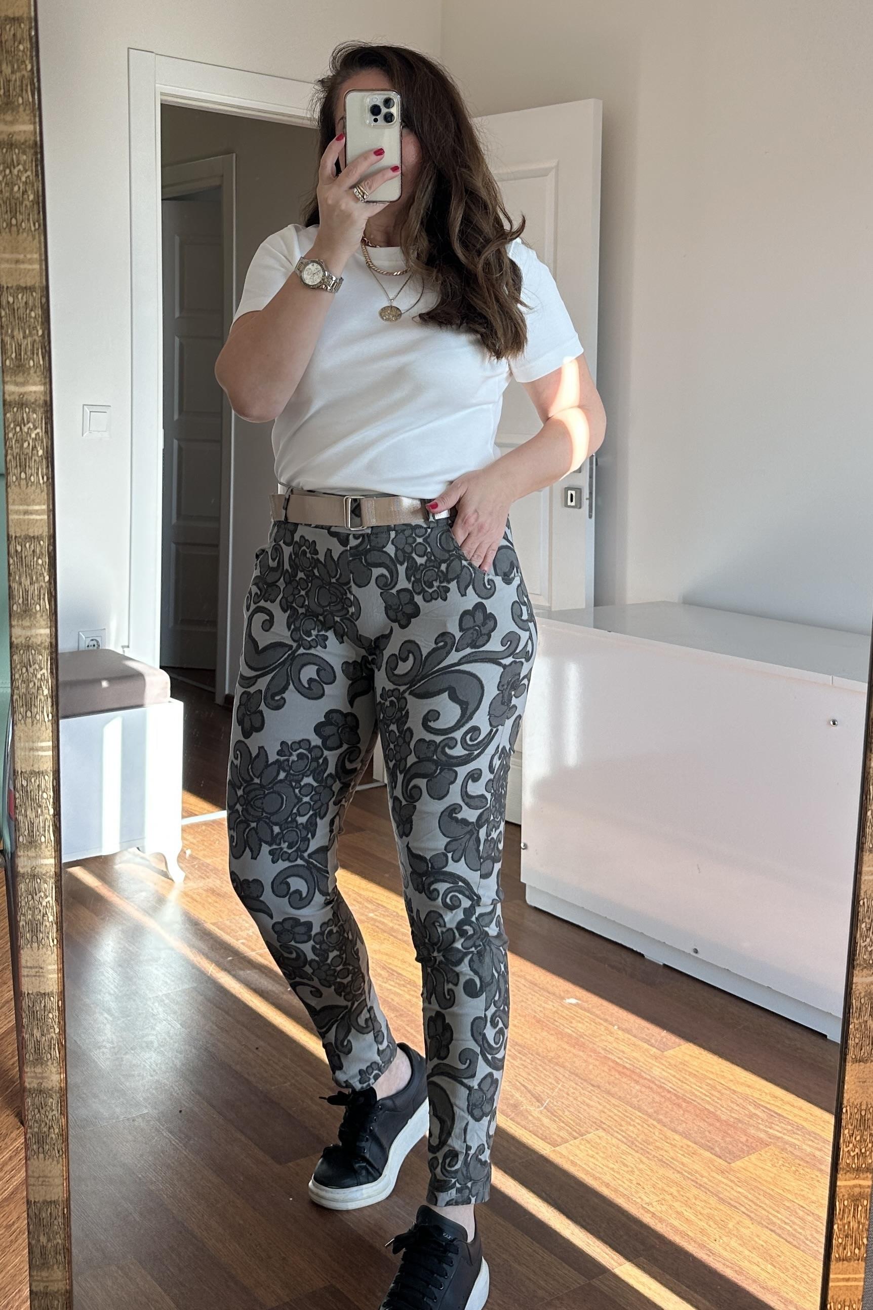 Full Likralı Desenli  İtalyan Pantalon Gri