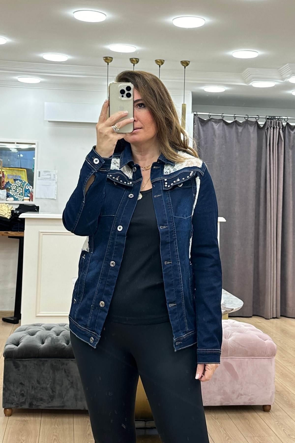 Dantel Detaylı Kot Ceket Mavi