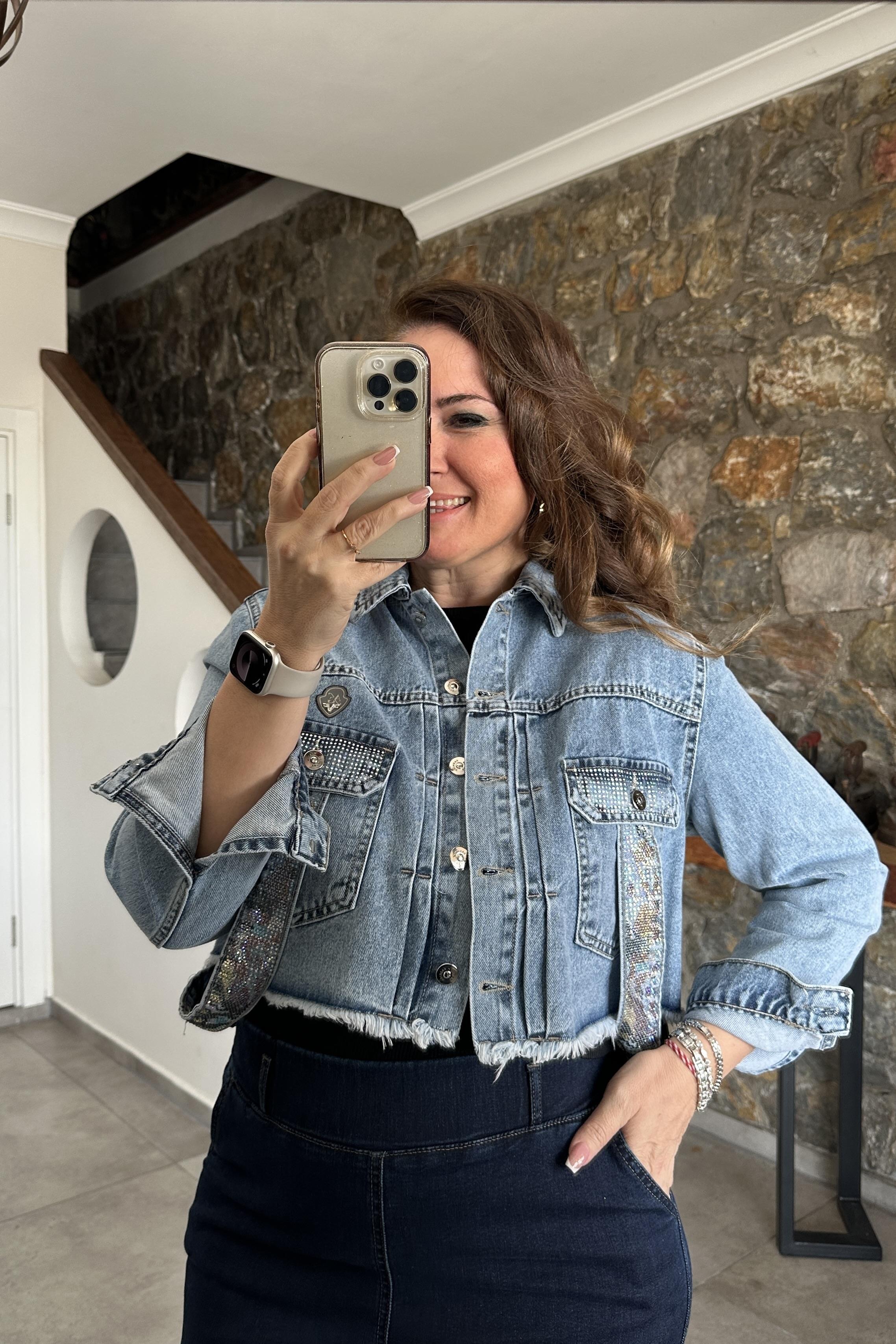 Taşlı Tasarım Kot Ceket Mavi