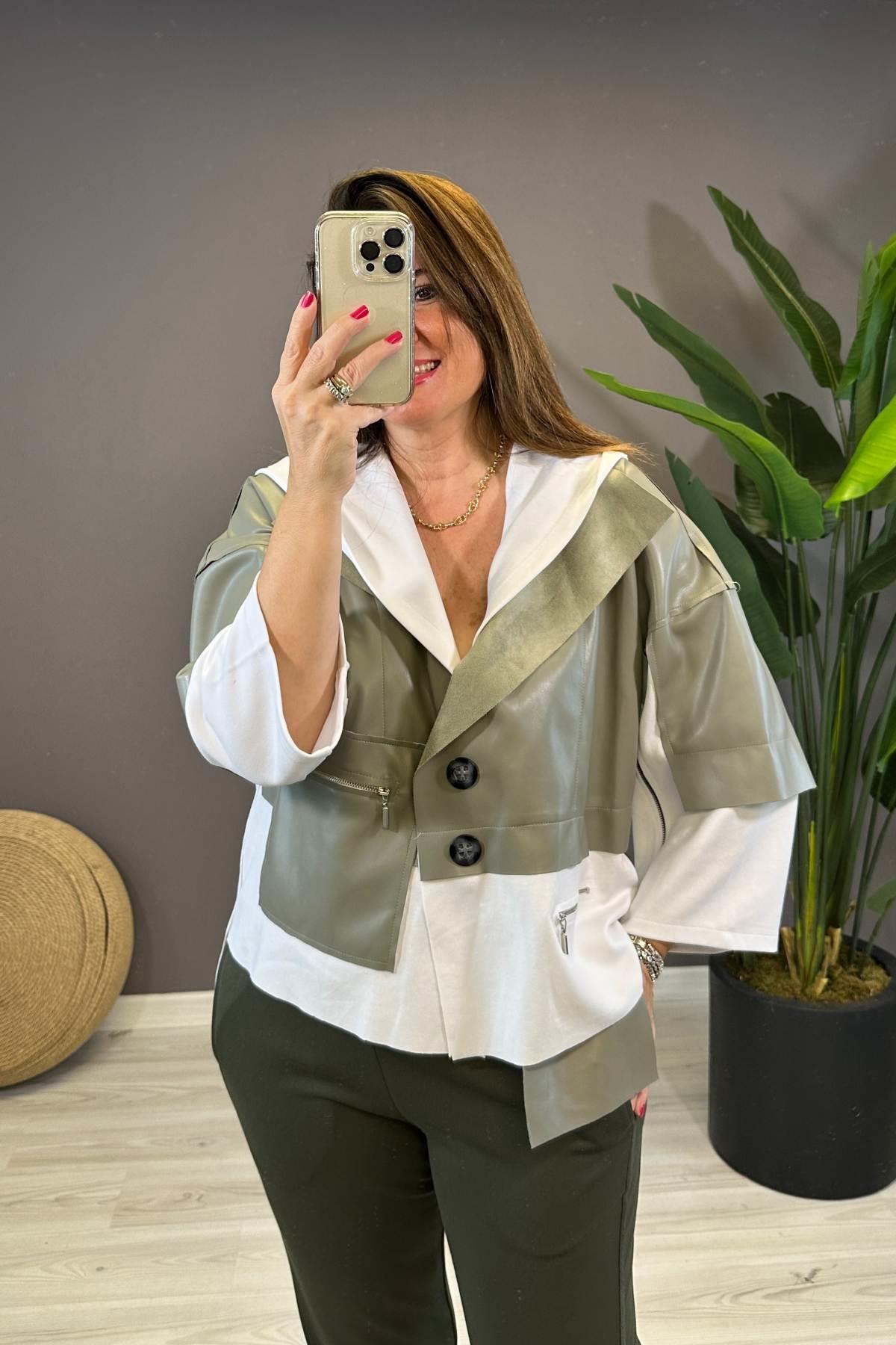 Deri ve Fermuar Detaylı Kapüşonlu Ceket Haki